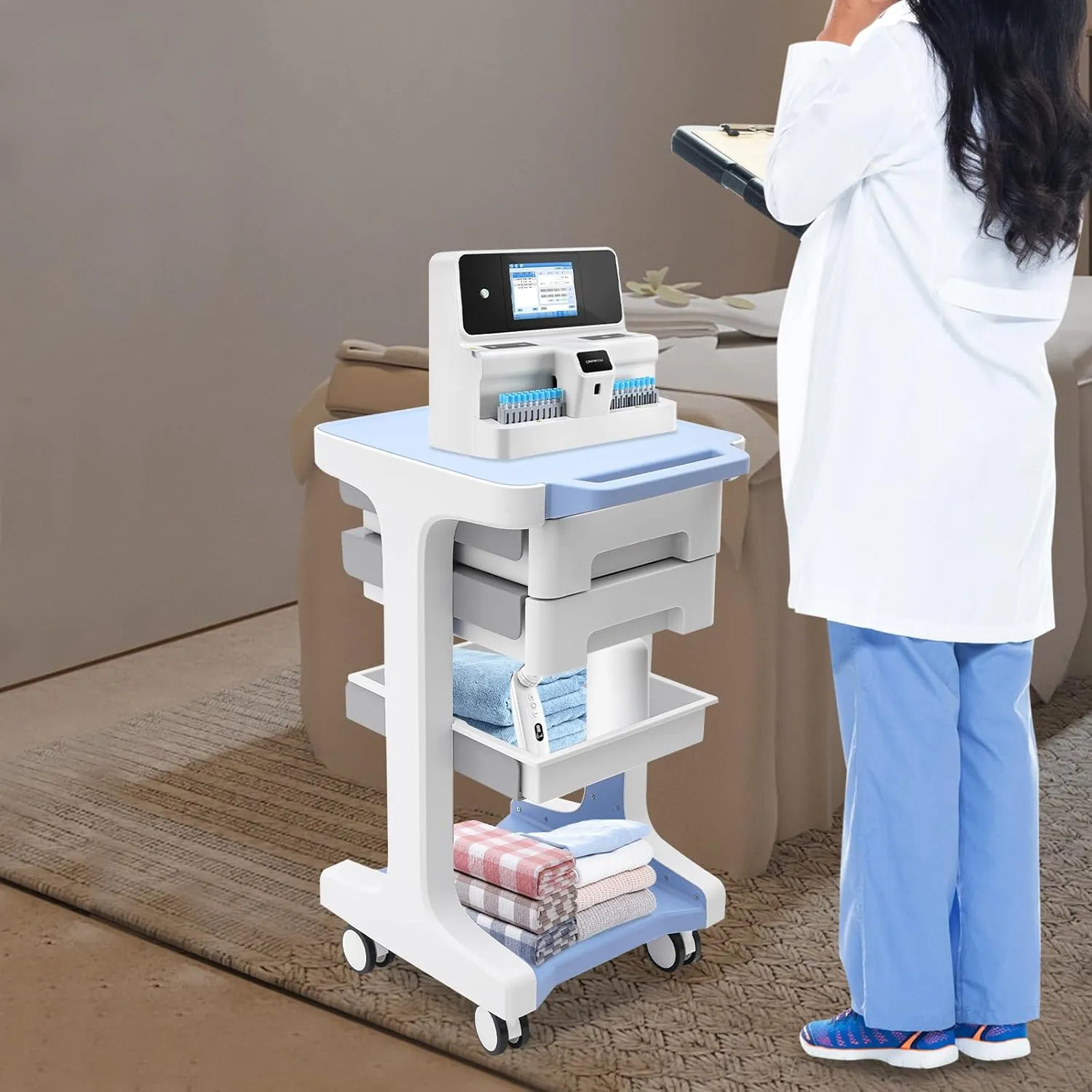 3-Tier Mobile Utility Cart with 2 Storage Cabinets & Wheels，Rolling Medical & Beauty Equipment Cart for Clinics, Barber Shops, and Salons (Blue)