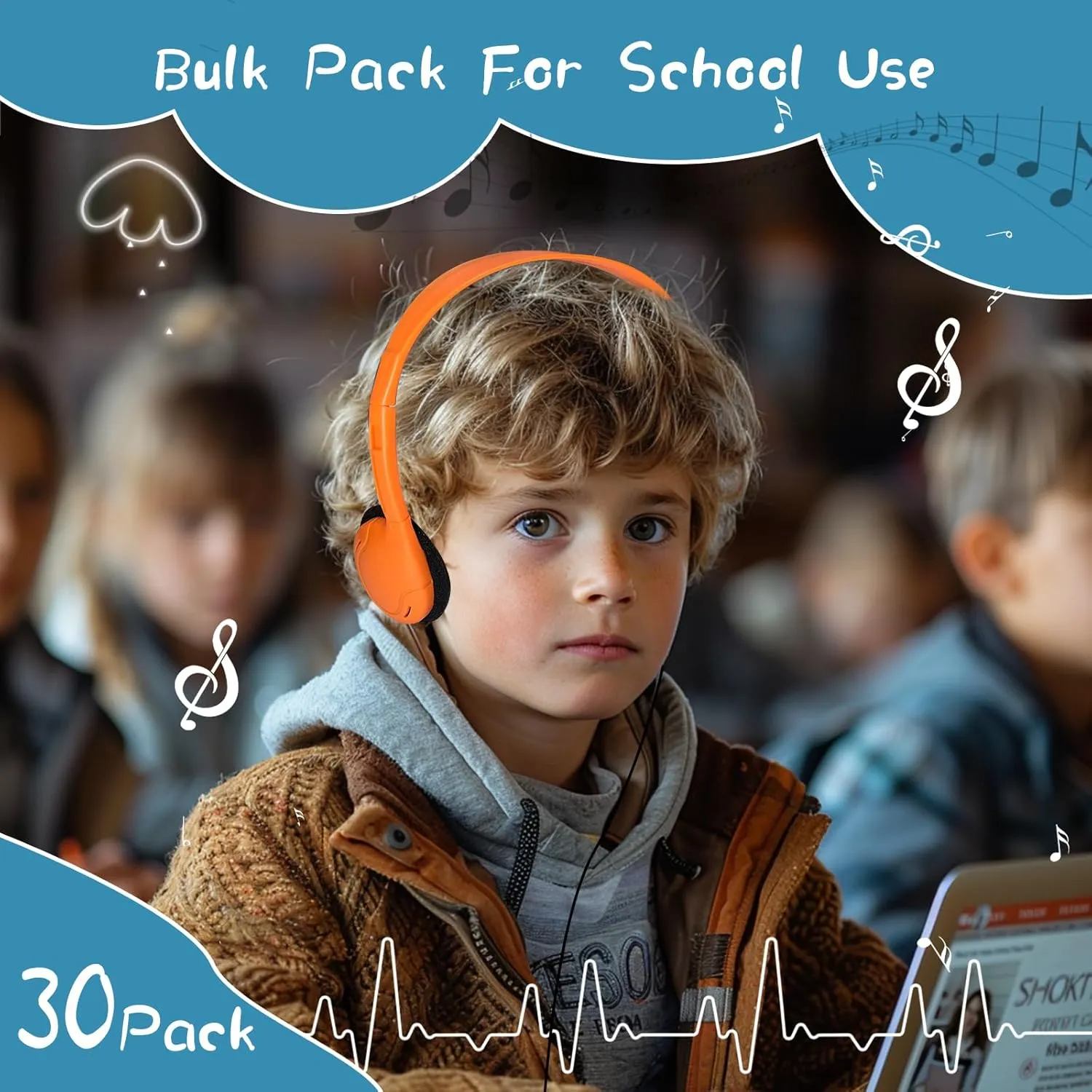 30 Pack Class Set Kids Students School Headphones with 3.5 mm Jack - Multi Color Earphones for Library & Adults