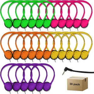30 Pack Class Set Kids Students School Headphones with 3.5 mm Jack - Multi Color Earphones for Library & Adults