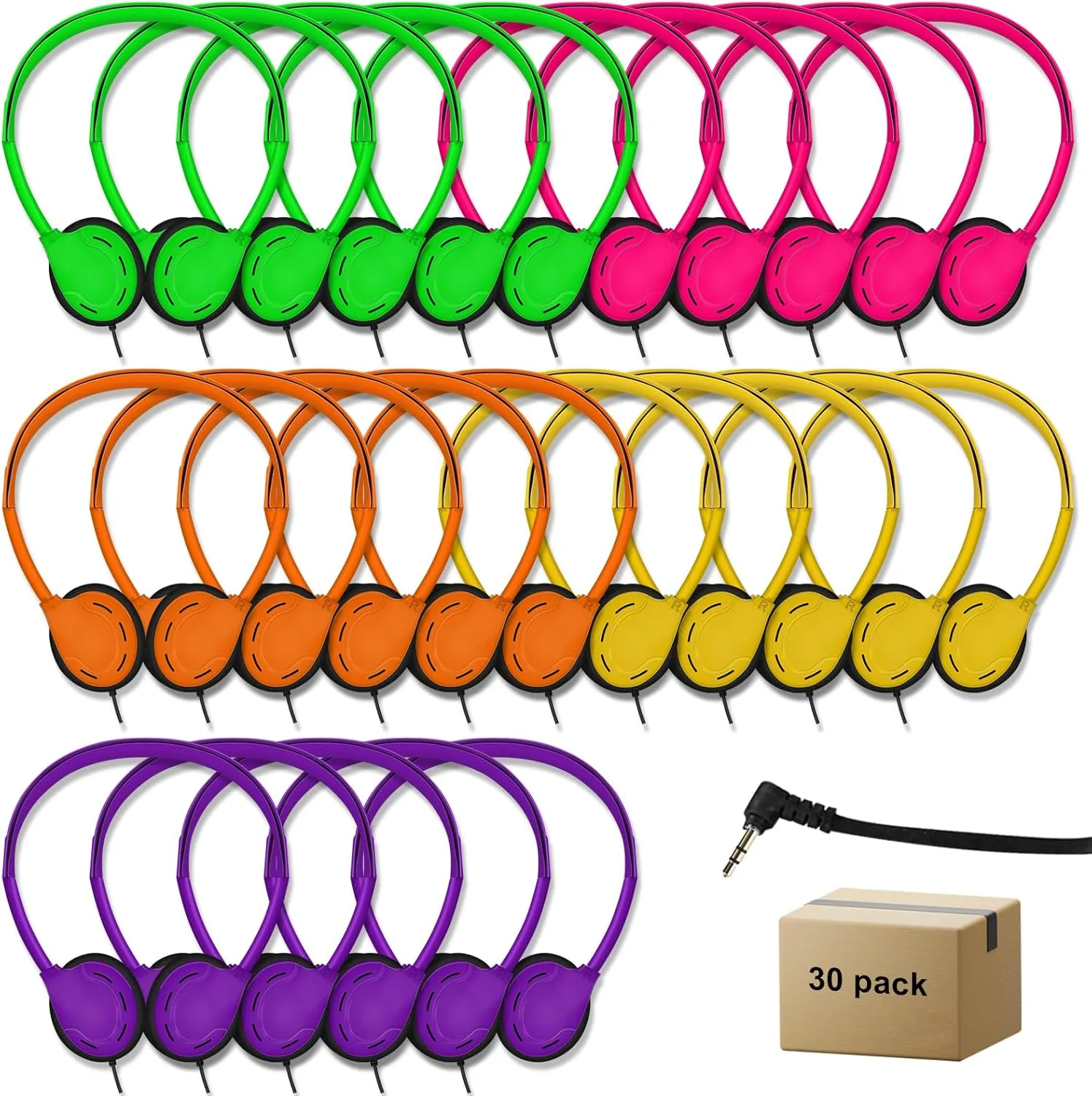 30 Pack Class Set Kids Students School Headphones with 3.5 mm Jack - Multi Color Earphones for Library & Adults