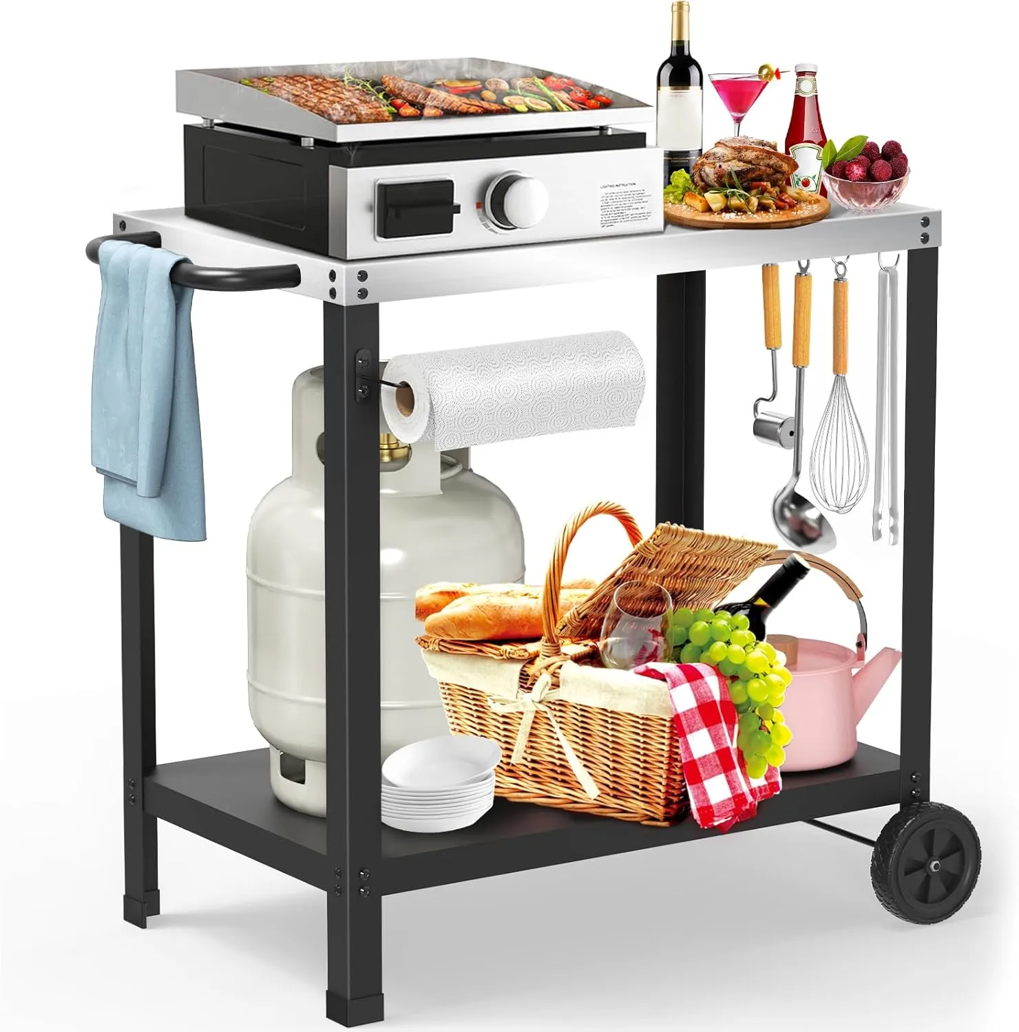 32x20IN Double-Shelve Grill Table, Stainless Steel Outdoor Grill Cart for Blackstone Griddle, Movable Pizza Oven Table for Outside Patio, Kitchen Cooking Food Prep Table for Party