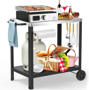 32x20IN Double-Shelve Grill Table, Stainless Steel Outdoor Grill Cart for Blackstone Griddle, Movable Pizza Oven Table for Outside Patio, Kitchen Cooking Food Prep Table for Party