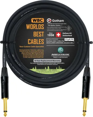 35 Foot - Gotham GAC-1 Ultra Pro - Premium Low-Cap (21 pf/F) Guitar Bass Instrument Cable – w/Neutrik Gold Straight to Straight ¼ inch (6.35mm) TS Connectors - Custom Made by WORLDS BEST CABLES