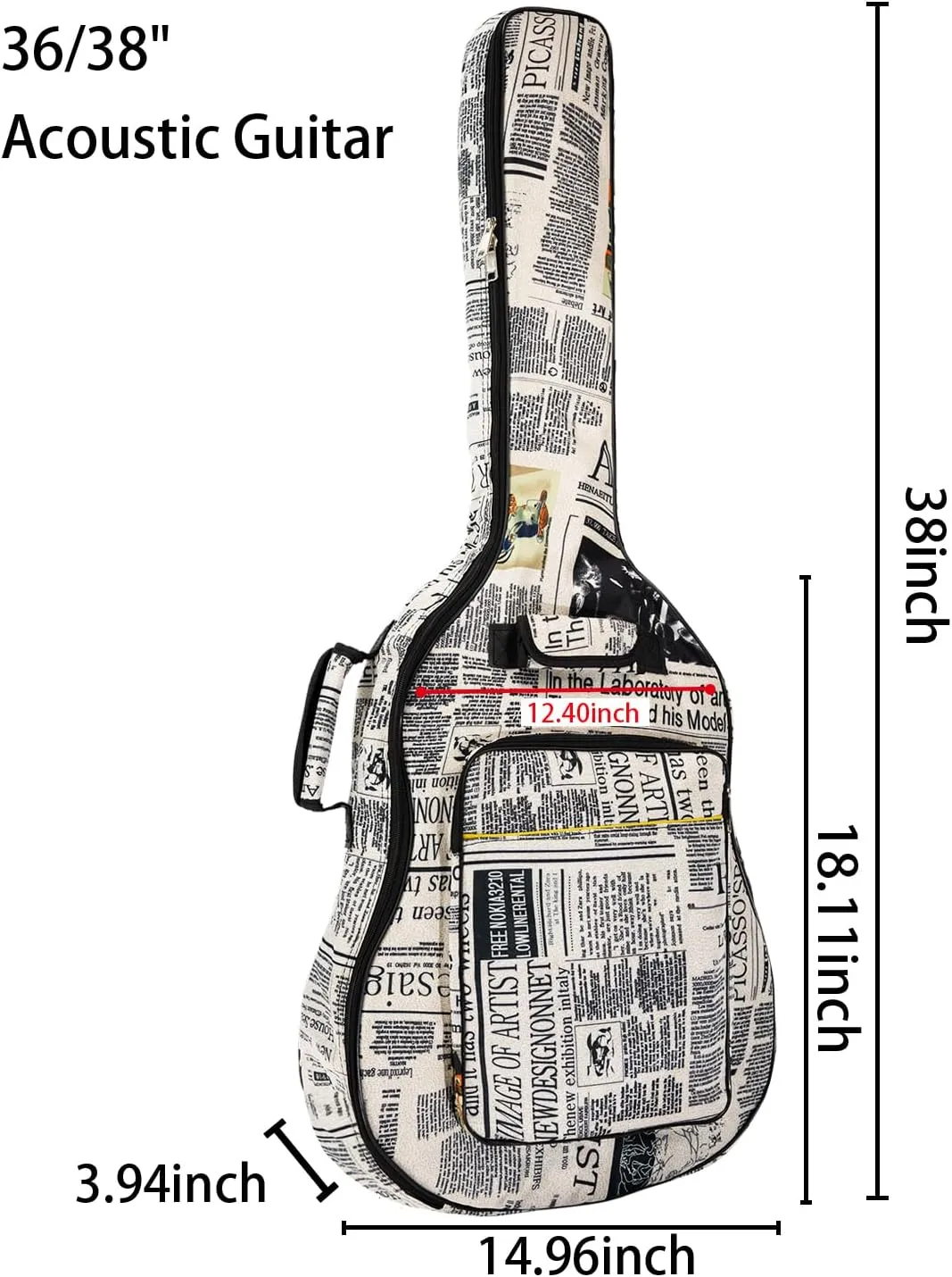 36/38 Inch Acoustic Guitar Gig Bag with 6mm Shockproof Padding - Ultra-Soft Lightweight Case for Travel Storage, Vintage Newspaper Print Design (36/38 inch Newspaper guitar bag)