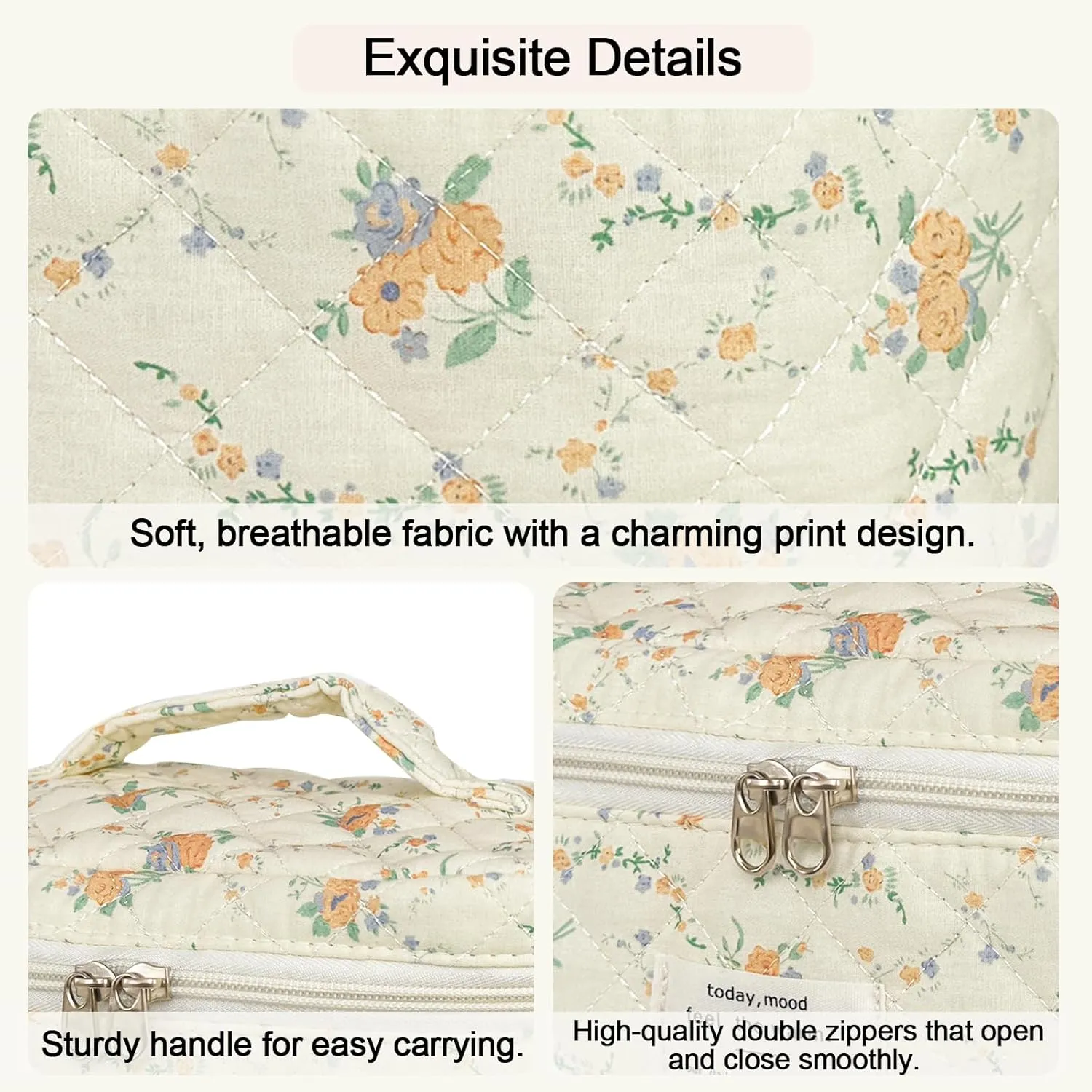3Pcs Cotton Quilted Makeup Bag for Women Girls, Large Floral Cosmetic Bag Set Cute Makeup Brushes Aesthetic Accessories Storage Bag Yellow Daylily Flower Travel Toiletry Bag Organizer