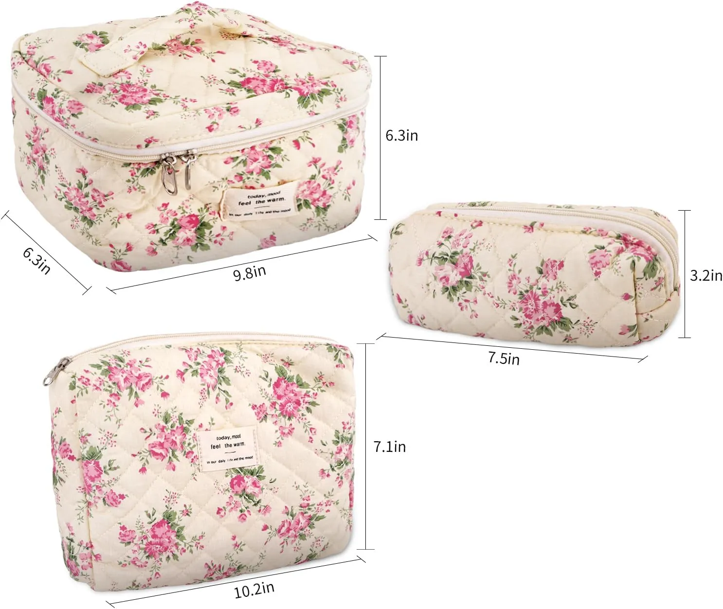 3Pcs Cotton Quilted Makeup Bag Large Travel Cosmetic Bag Coquette Makeup Pouch Cute Aesthetic Floral Toiletry Bag for Women Girls (flower-M)