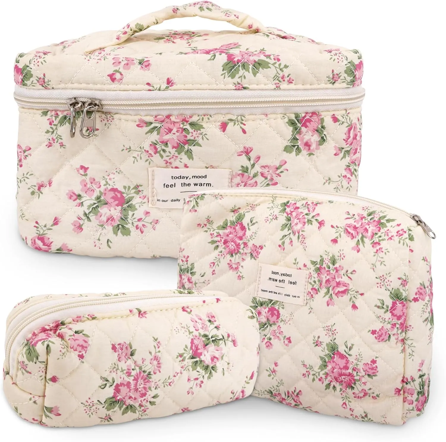 3Pcs Cotton Quilted Makeup Bag Large Travel Cosmetic Bag Coquette Makeup Pouch Cute Aesthetic Floral Toiletry Bag for Women Girls (flower-M)