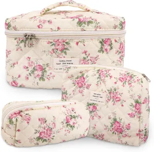 3Pcs Cotton Quilted Makeup Bag Large Travel Cosmetic Bag Coquette Makeup Pouch Cute Aesthetic Floral Toiletry Bag for Women Girls (flower-M)