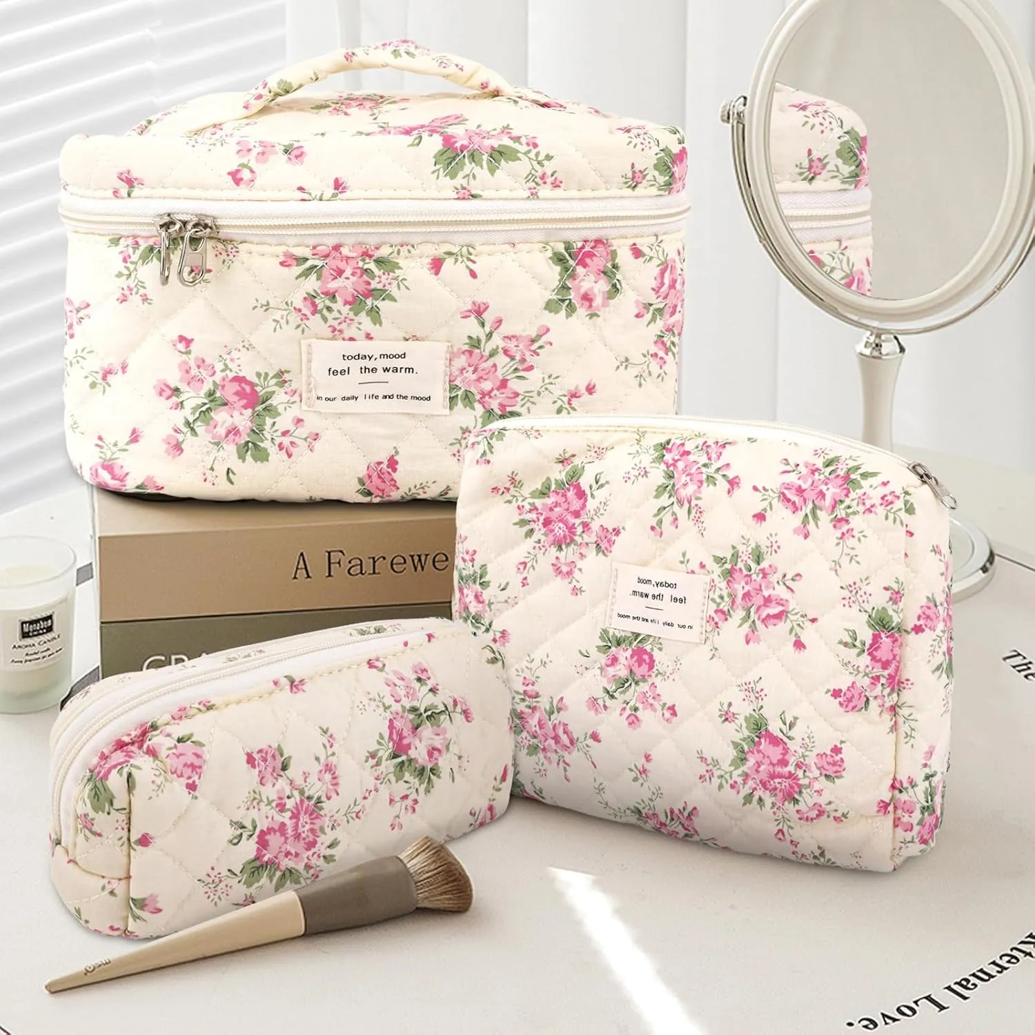 3Pcs Cotton Quilted Makeup Bag Large Travel Cosmetic Bag Coquette Makeup Pouch Cute Aesthetic Floral Toiletry Bag for Women Girls (flower-M)