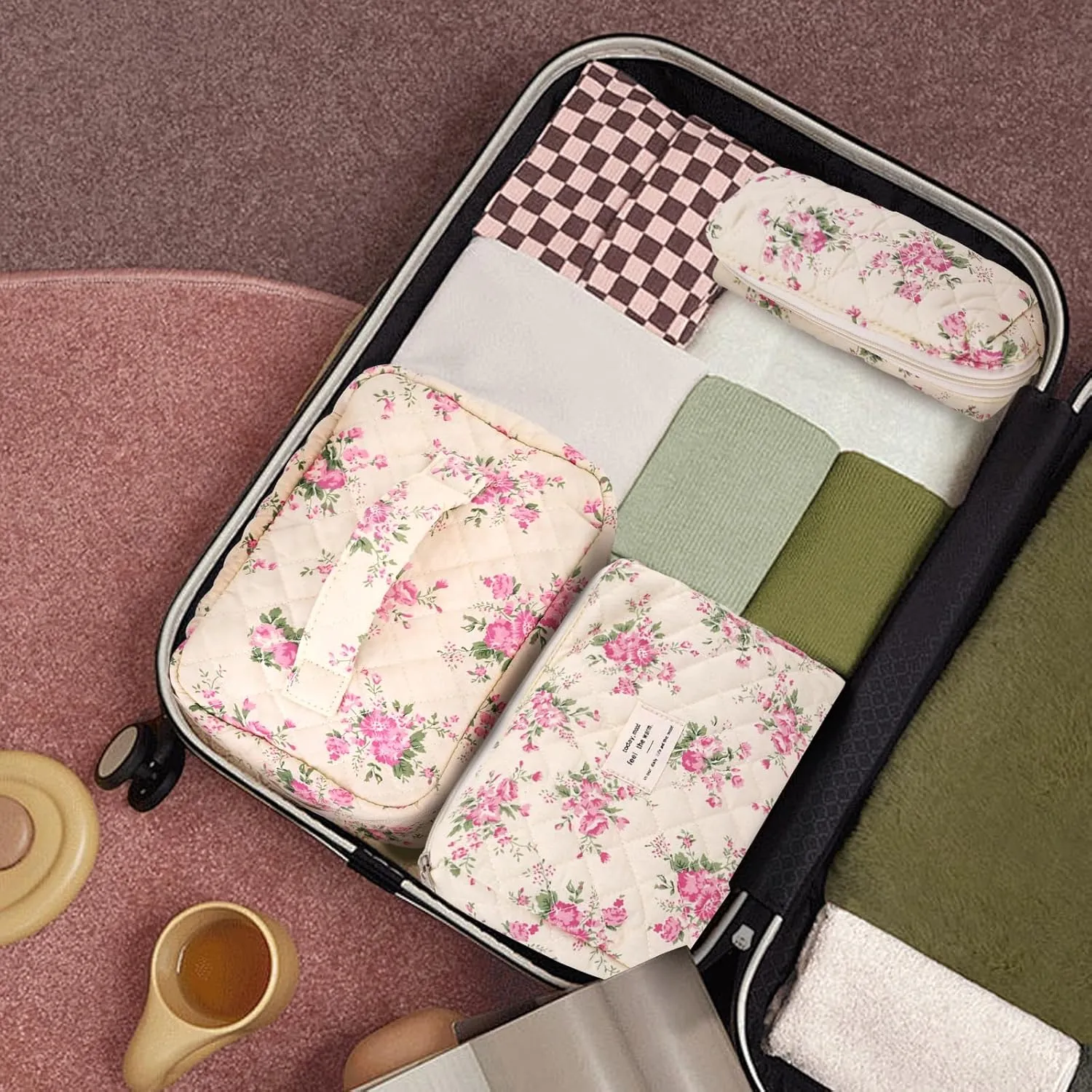 3Pcs Cotton Quilted Makeup Bag Large Travel Cosmetic Bag Coquette Makeup Pouch Cute Aesthetic Floral Toiletry Bag for Women Girls (flower-M)