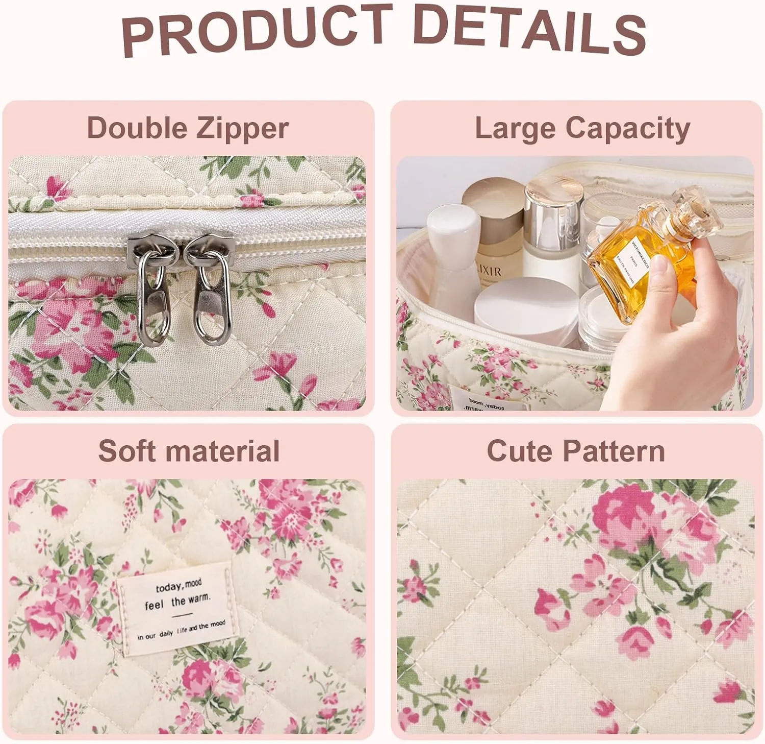 3Pcs Cotton Quilted Makeup Bag Large Travel Cosmetic Bag Coquette Makeup Pouch Cute Aesthetic Floral Toiletry Bag for Women Girls (flower-M)