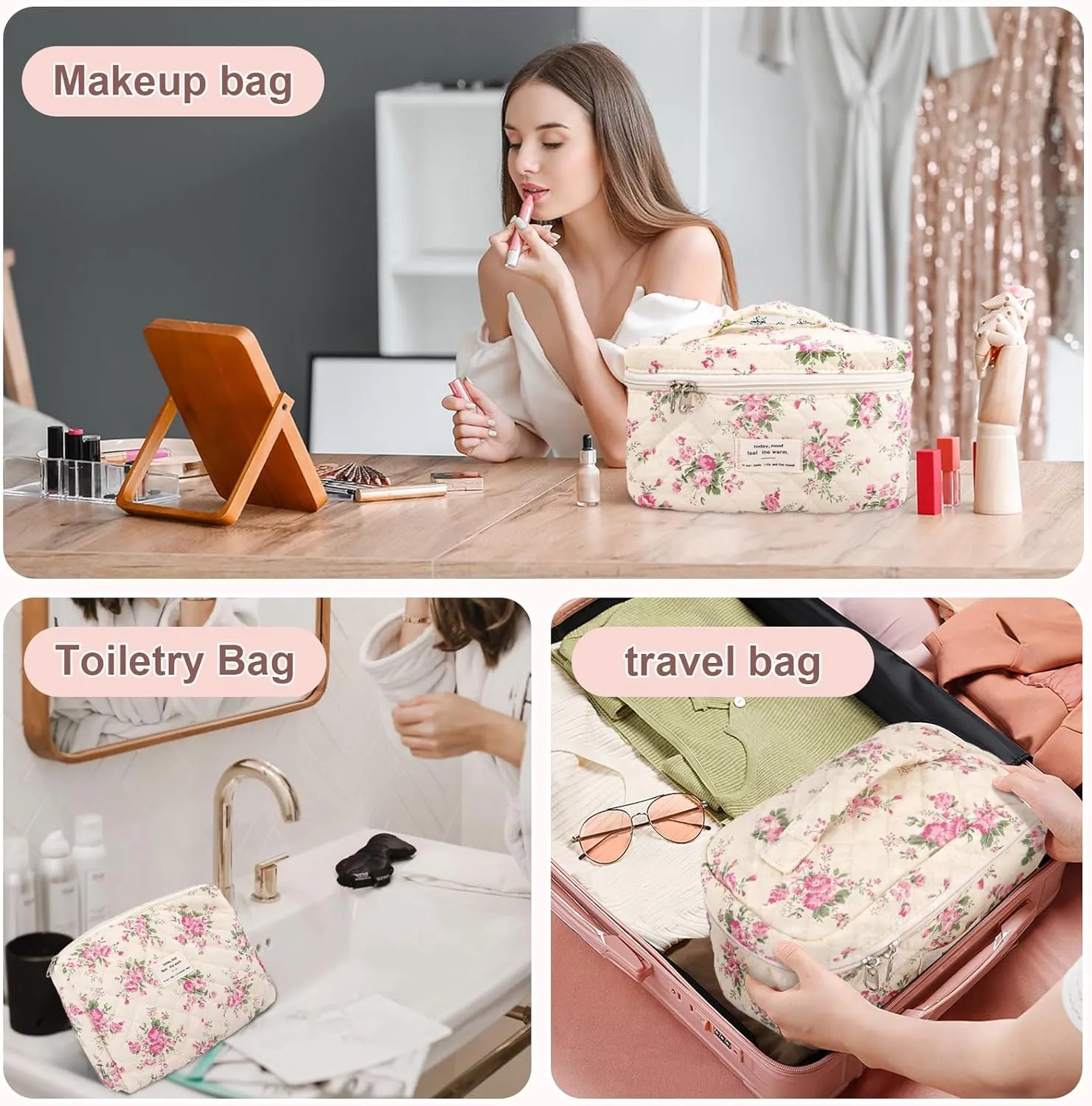 3Pcs Cotton Quilted Makeup Bag Large Travel Cosmetic Bag Coquette Makeup Pouch Cute Aesthetic Floral Toiletry Bag for Women Girls (flower-M)