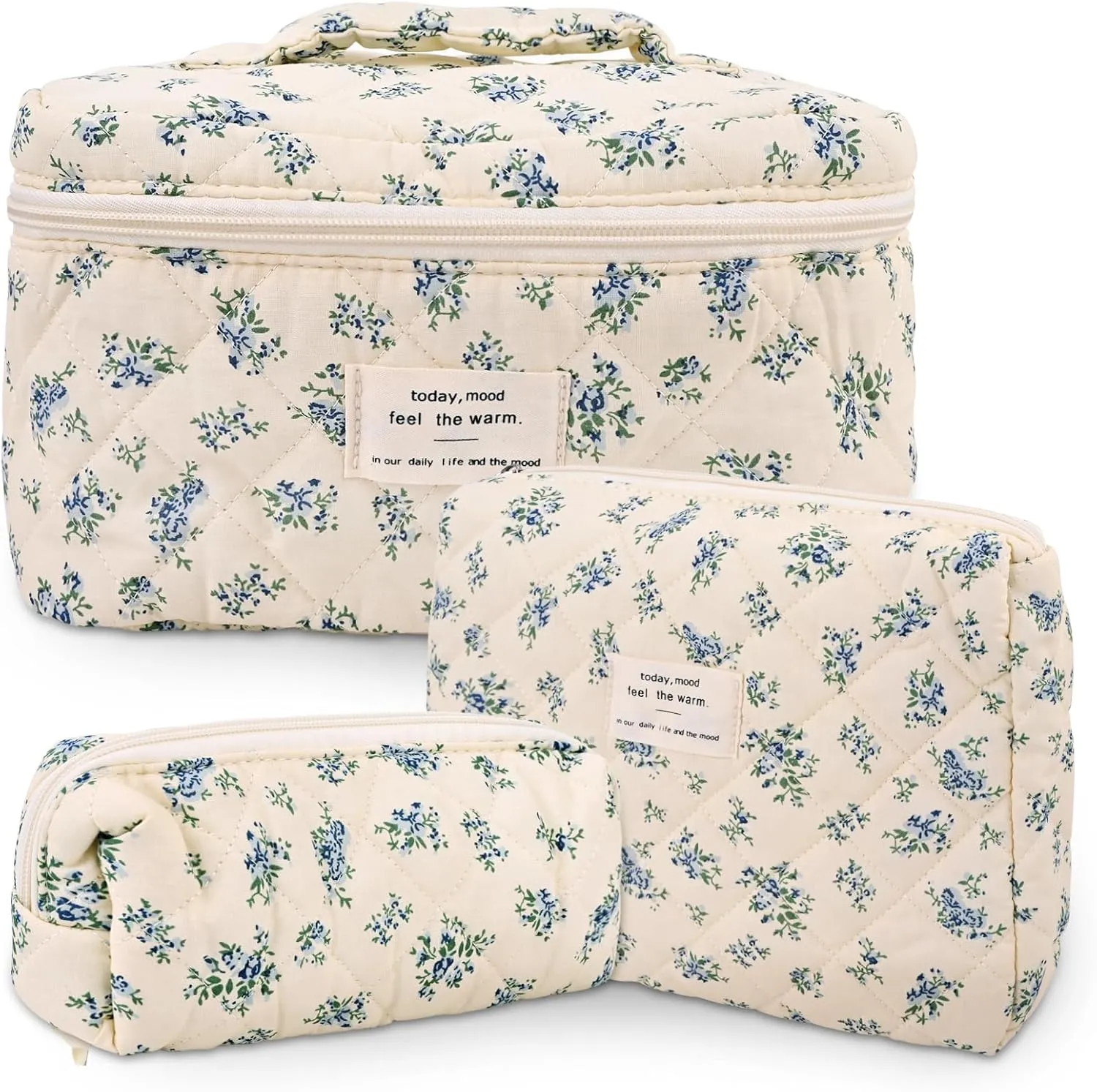 3Pcs Cotton Quilted Makeup Bag Large Travel Cosmetic Bag Coquette Makeup Pouch Cute Aesthetic Floral Toiletry Bag for Women Girls (flower-P)