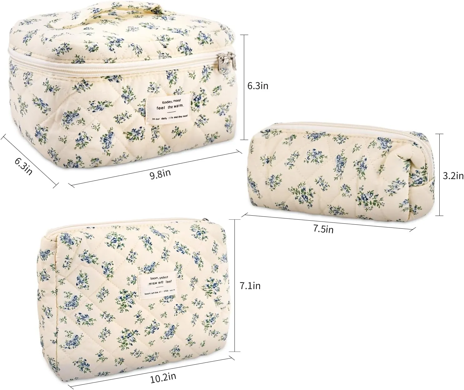 3Pcs Cotton Quilted Makeup Bag Large Travel Cosmetic Bag Coquette Makeup Pouch Cute Aesthetic Floral Toiletry Bag for Women Girls (flower-P)