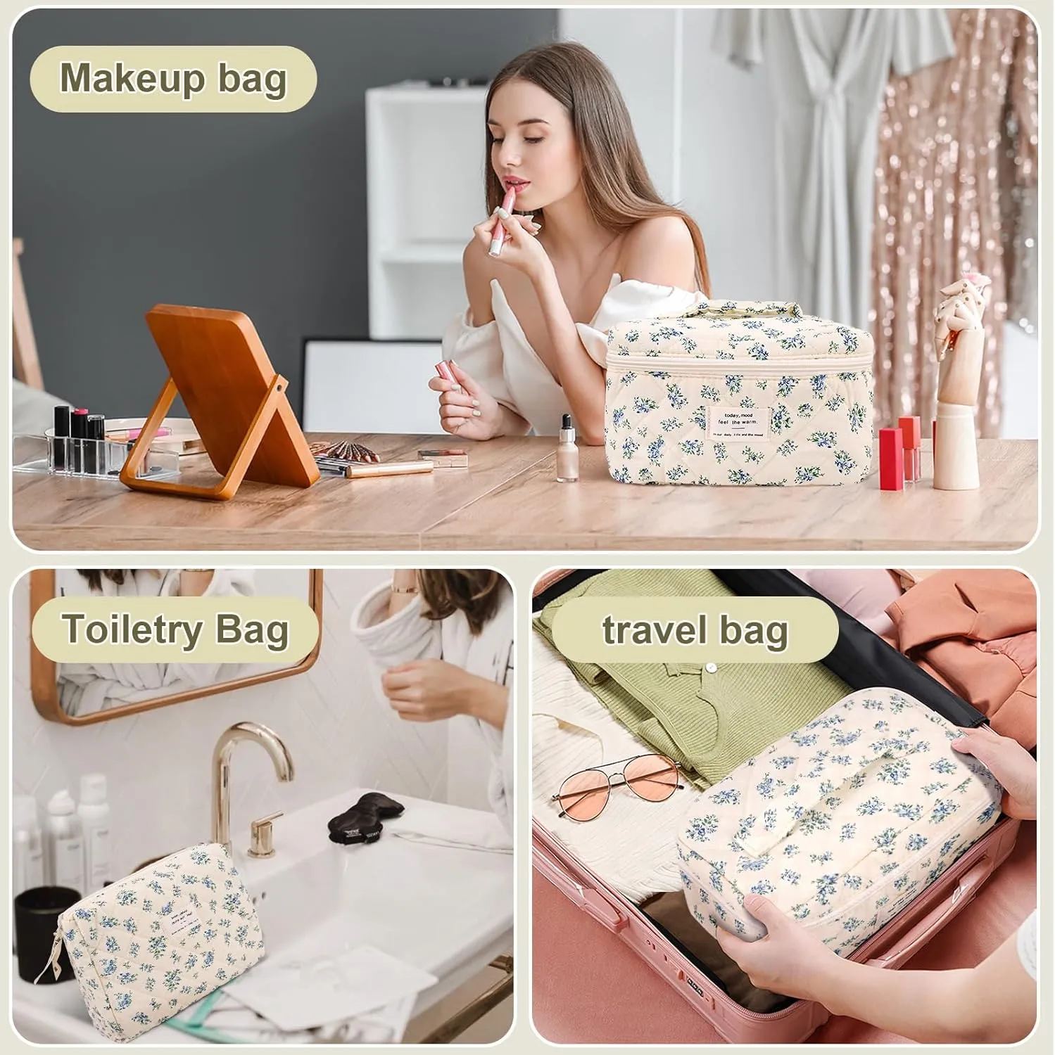 3Pcs Cotton Quilted Makeup Bag Large Travel Cosmetic Bag Coquette Makeup Pouch Cute Aesthetic Floral Toiletry Bag for Women Girls (flower-P)