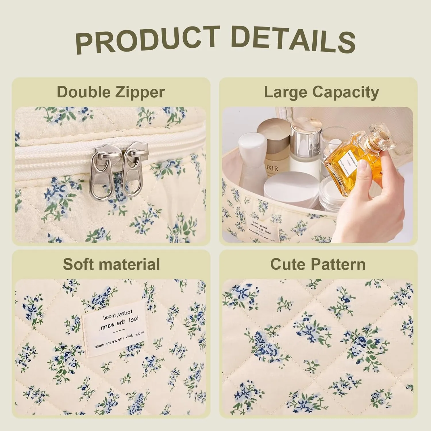 3Pcs Cotton Quilted Makeup Bag Large Travel Cosmetic Bag Coquette Makeup Pouch Cute Aesthetic Floral Toiletry Bag for Women Girls (flower-P)