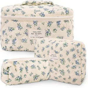 3Pcs Cotton Quilted Makeup Bag Large Travel Cosmetic Bag Coquette Makeup Pouch Cute Aesthetic Floral Toiletry Bag for Women Girls (flower-P)