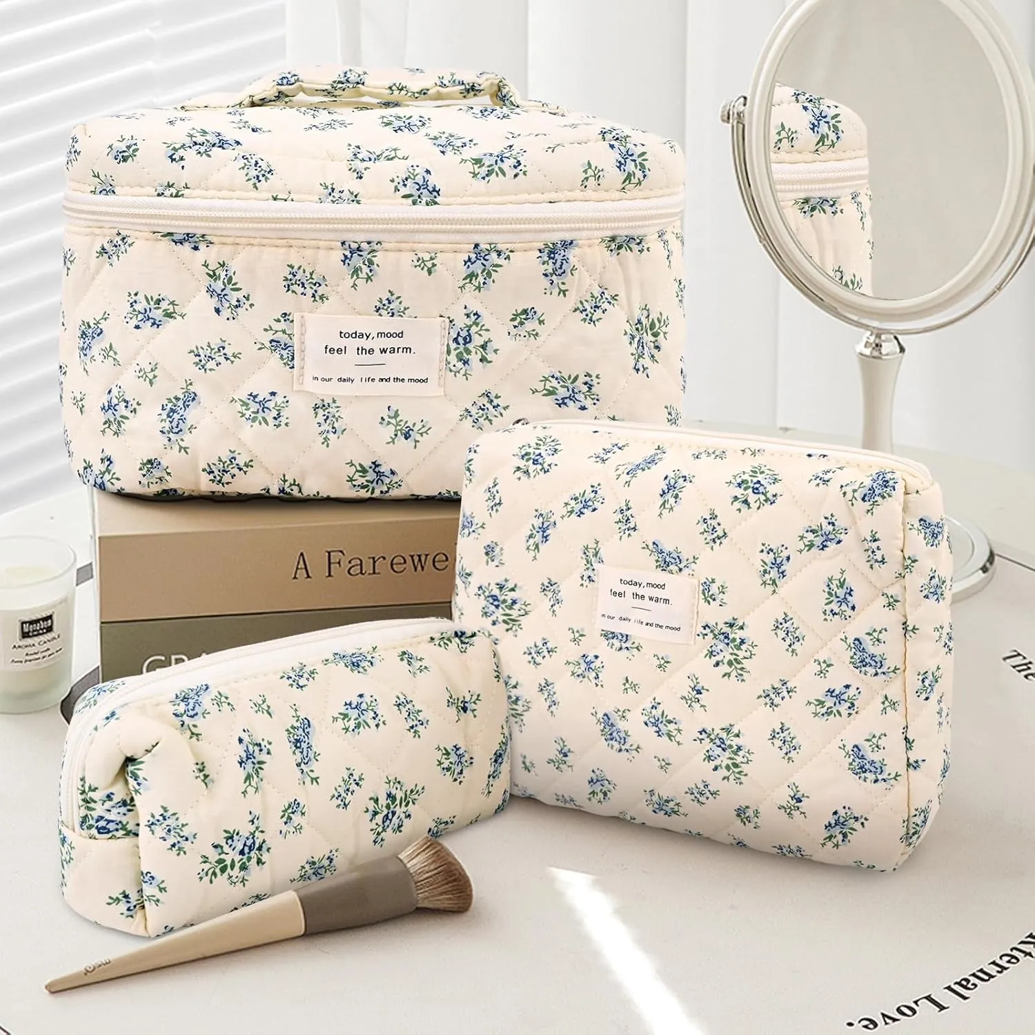 3Pcs Cotton Quilted Makeup Bag Large Travel Cosmetic Bag Coquette Makeup Pouch Cute Aesthetic Floral Toiletry Bag for Women Girls (flower-P)
