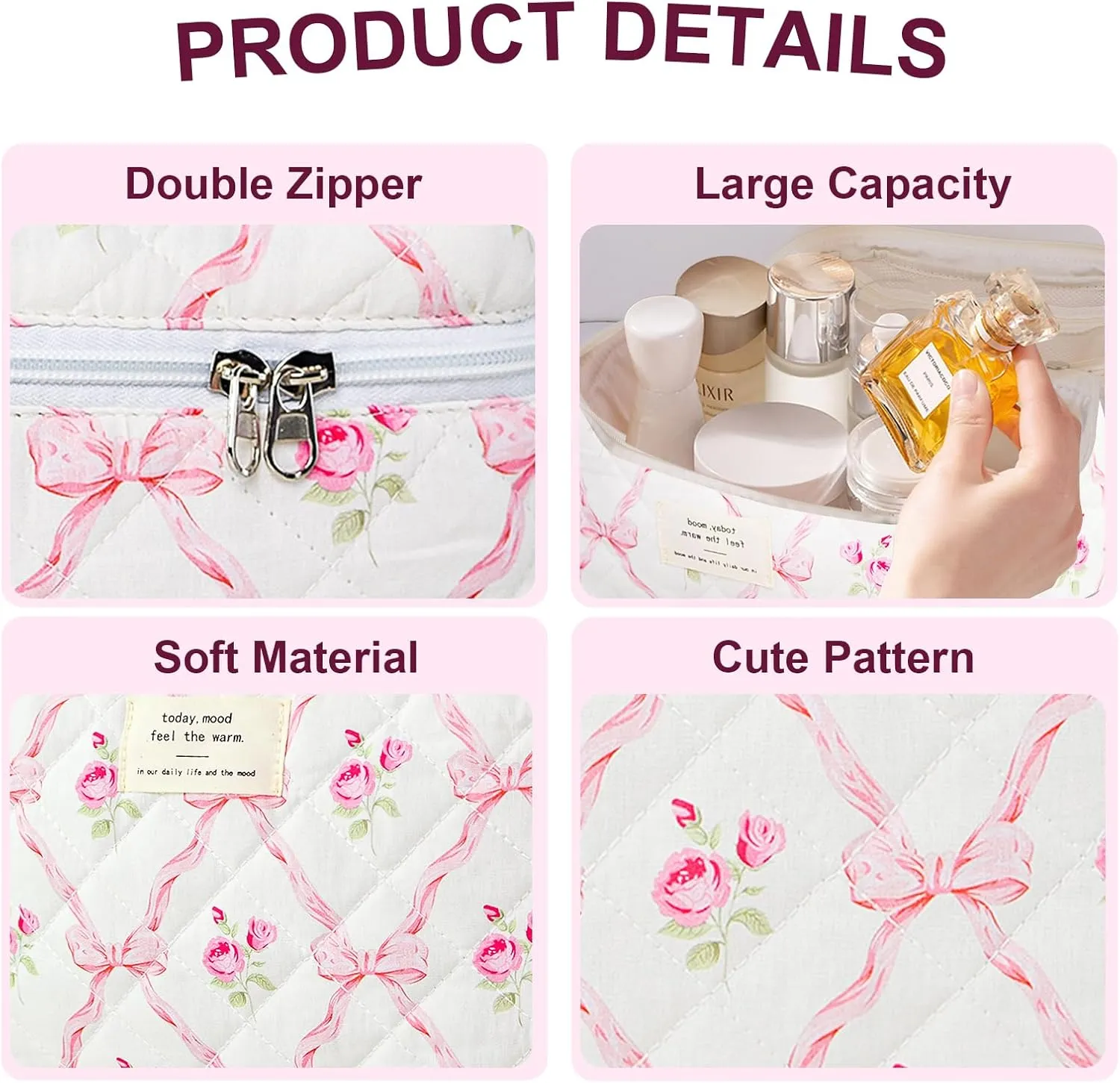 3Pcs Cotton Quilted Makeup Bag Large Travel Cosmetic Bag Coquette Makeup Pouch Cute Aesthetic Floral Toiletry Bag for Women Girls (flower-R)