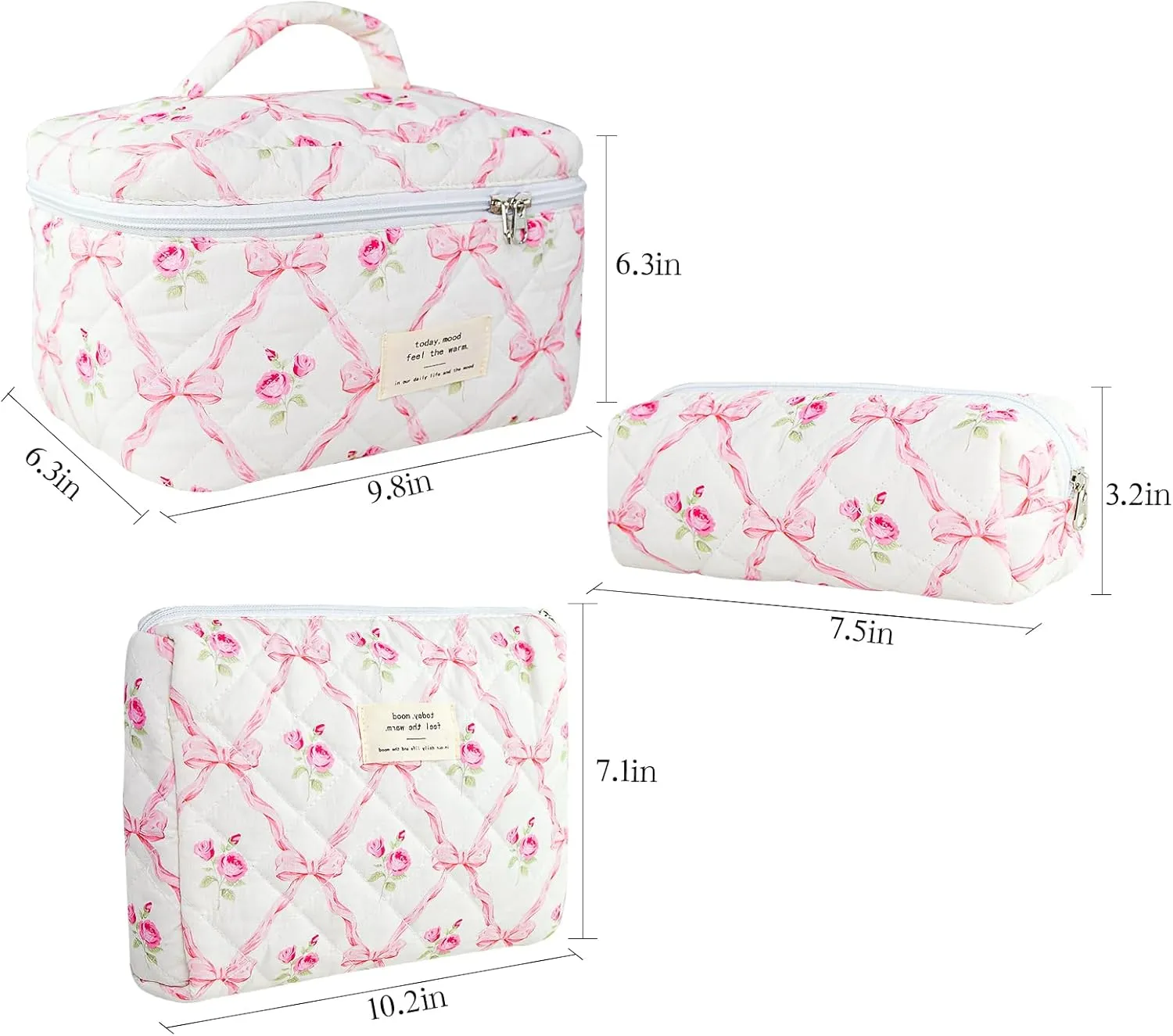 3Pcs Cotton Quilted Makeup Bag Large Travel Cosmetic Bag Coquette Makeup Pouch Cute Aesthetic Floral Toiletry Bag for Women Girls (flower-R)