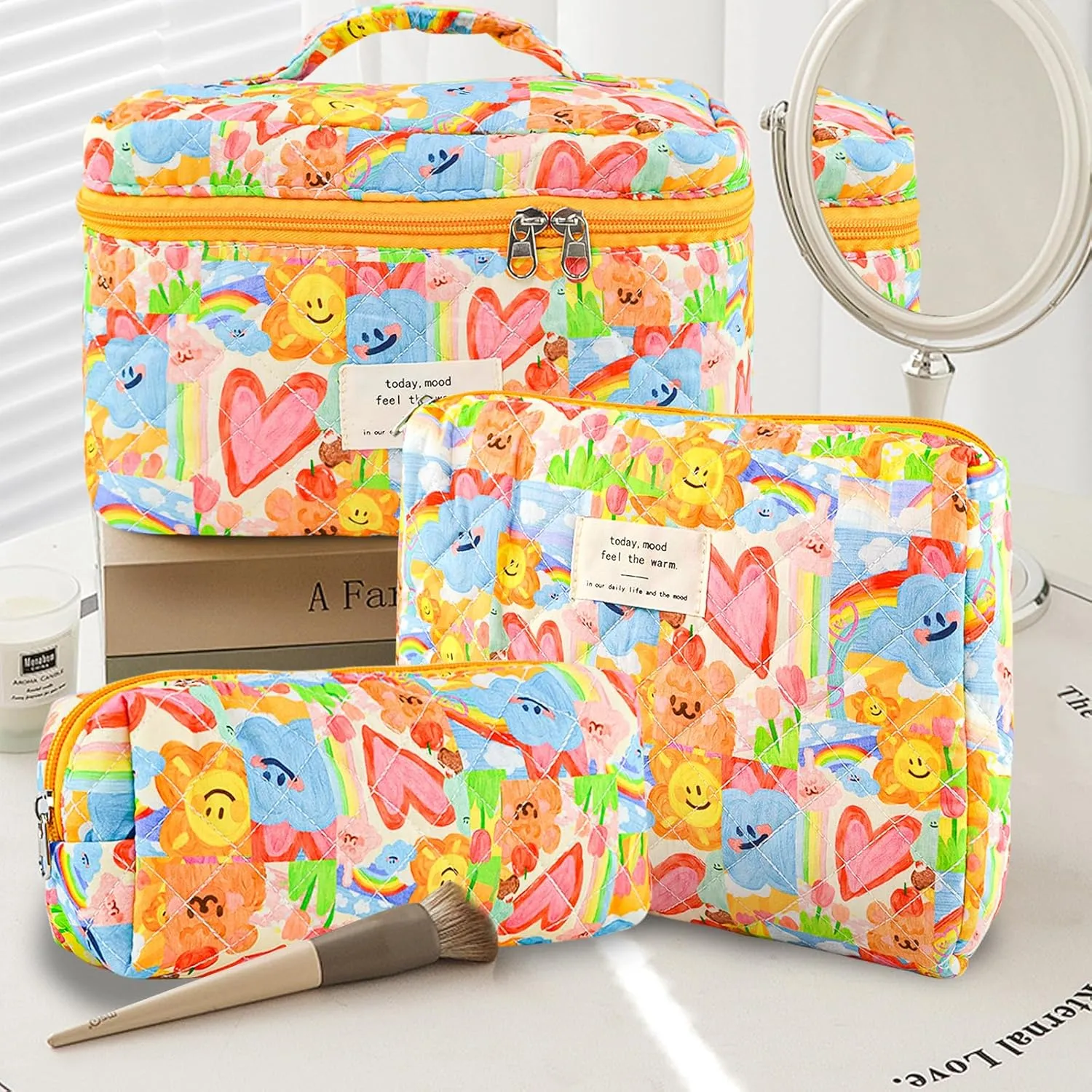 3Pcs Cotton Quilted Makeup Bag Large Travel Cosmetic Bag Coquette Makeup Pouch Cute Aesthetic Floral Toiletry Bag for Women Girls