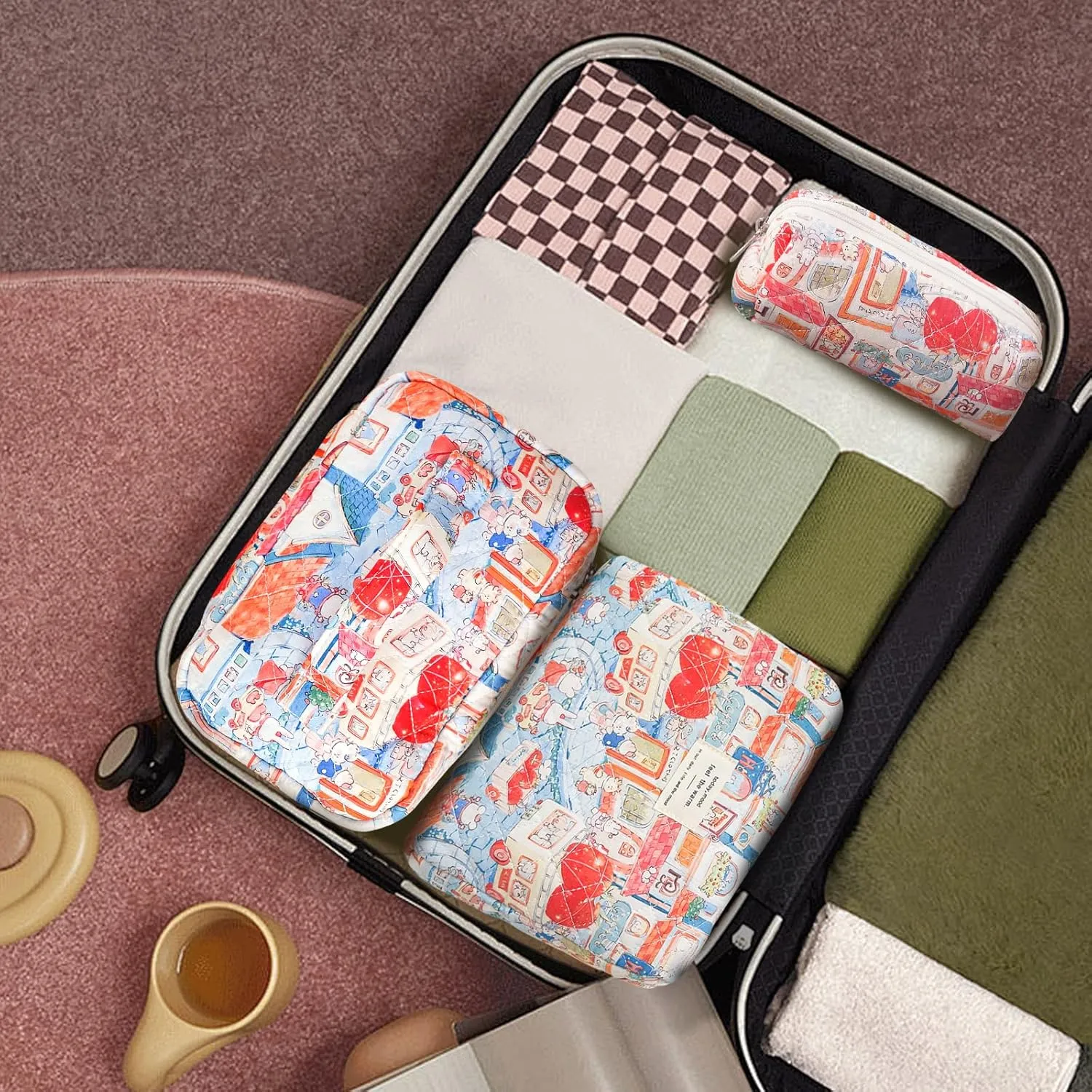 3Pcs Cotton Quilted Makeup Bag Large Travel Cosmetic Bag Coquette Makeup Pouch Cute Aesthetic Floral Toiletry Bag for Women Girls