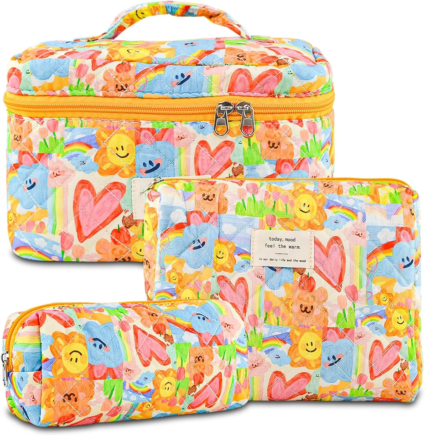 3Pcs Cotton Quilted Makeup Bag Large Travel Cosmetic Bag Coquette Makeup Pouch Cute Aesthetic Floral Toiletry Bag for Women Girls