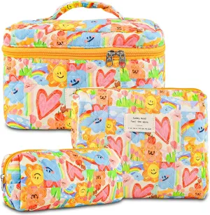 3Pcs Cotton Quilted Makeup Bag Large Travel Cosmetic Bag Coquette Makeup Pouch Cute Aesthetic Floral Toiletry Bag for Women Girls