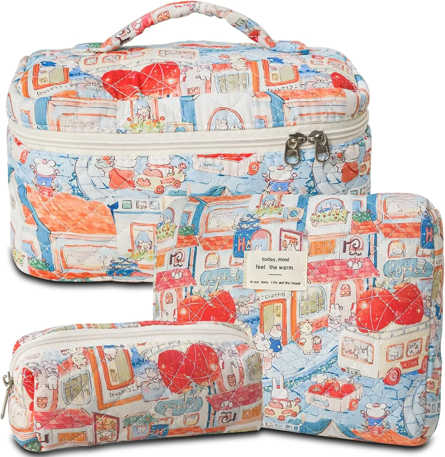 3Pcs Cotton Quilted Makeup Bag Large Travel Cosmetic Bag Coquette Makeup Pouch Cute Aesthetic Floral Toiletry Bag for Women Girls