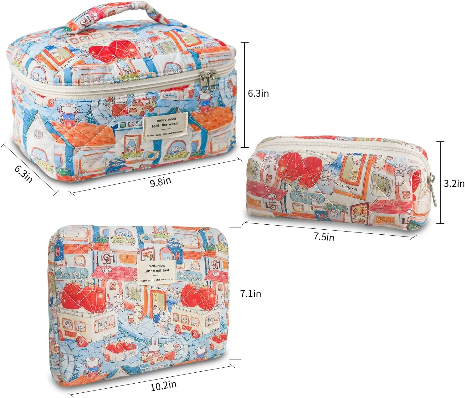 3Pcs Cotton Quilted Makeup Bag Large Travel Cosmetic Bag Coquette Makeup Pouch Cute Aesthetic Floral Toiletry Bag for Women Girls