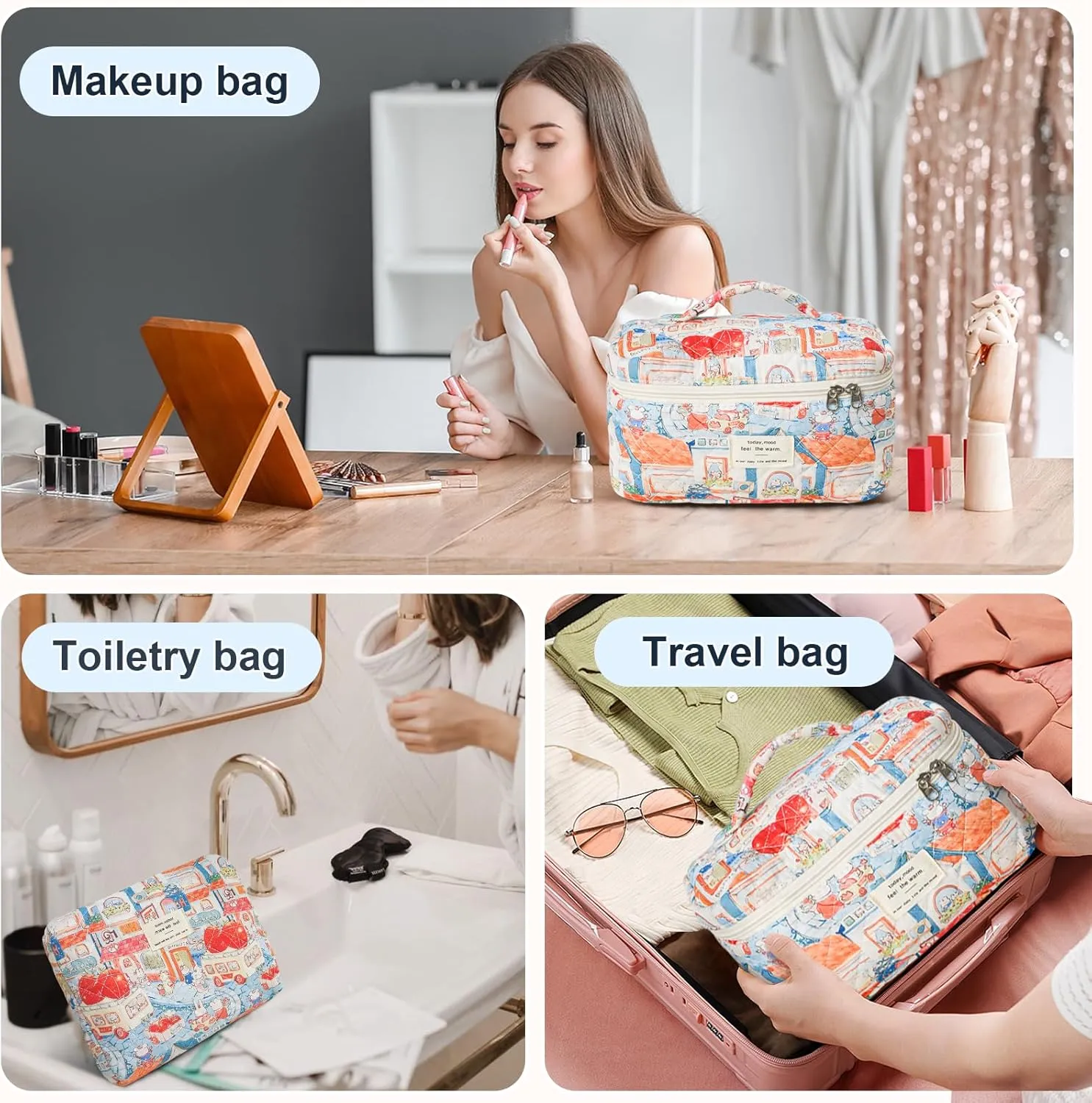 3Pcs Cotton Quilted Makeup Bag Large Travel Cosmetic Bag Coquette Makeup Pouch Cute Aesthetic Floral Toiletry Bag for Women Girls