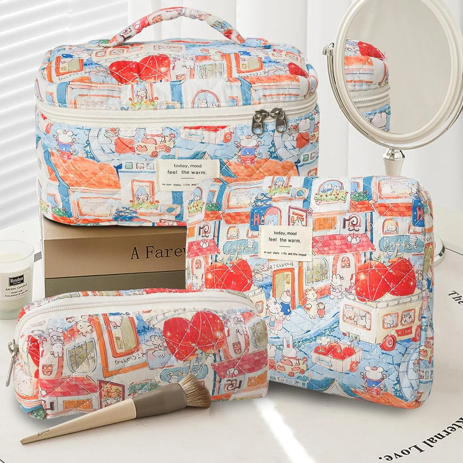 3Pcs Cotton Quilted Makeup Bag Large Travel Cosmetic Bag Coquette Makeup Pouch Cute Aesthetic Floral Toiletry Bag for Women Girls