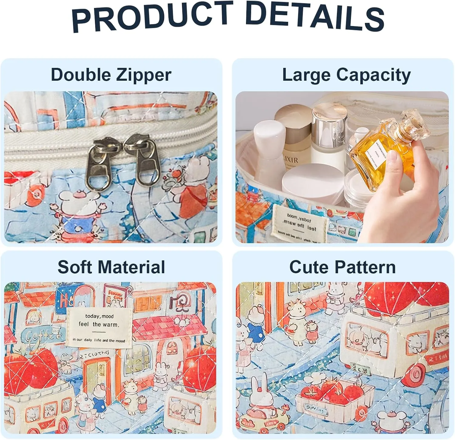 3Pcs Cotton Quilted Makeup Bag Large Travel Cosmetic Bag Coquette Makeup Pouch Cute Aesthetic Floral Toiletry Bag for Women Girls