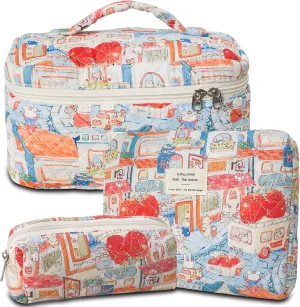 3Pcs Cotton Quilted Makeup Bag Large Travel Cosmetic Bag Coquette Makeup Pouch Cute Aesthetic Floral Toiletry Bag for Women Girls