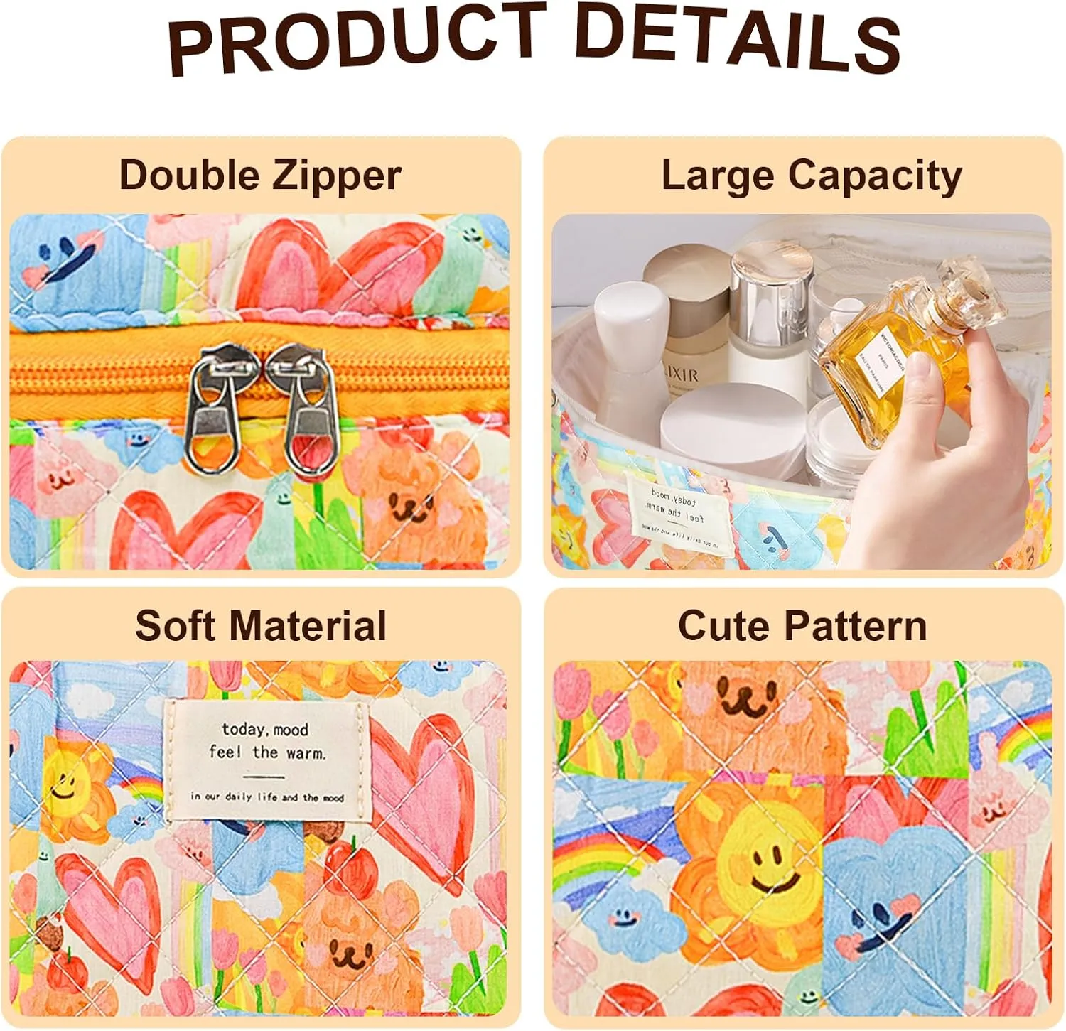 3Pcs Cotton Quilted Makeup Bag Large Travel Cosmetic Bag Coquette Makeup Pouch Cute Aesthetic Floral Toiletry Bag for Women Girls