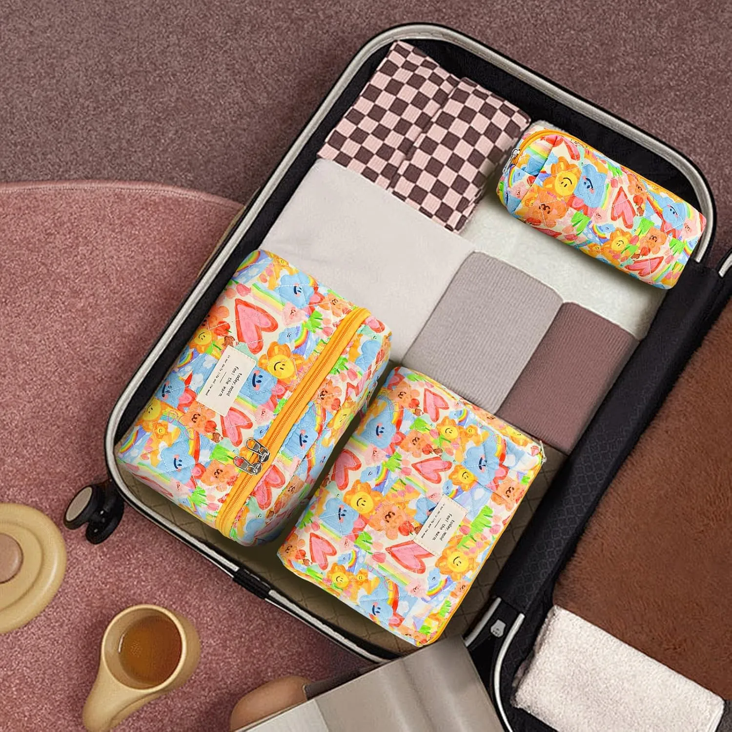 3Pcs Cotton Quilted Makeup Bag Large Travel Cosmetic Bag Coquette Makeup Pouch Cute Aesthetic Floral Toiletry Bag for Women Girls