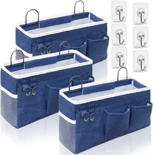 3pcs Large Wall Hanging Organizer Bag, Linen Fabric Door Hanging Storage Baskets with Pockets, Waterproof Bin for Kitchen, Bedroom, Office, RV Camper (Blue)