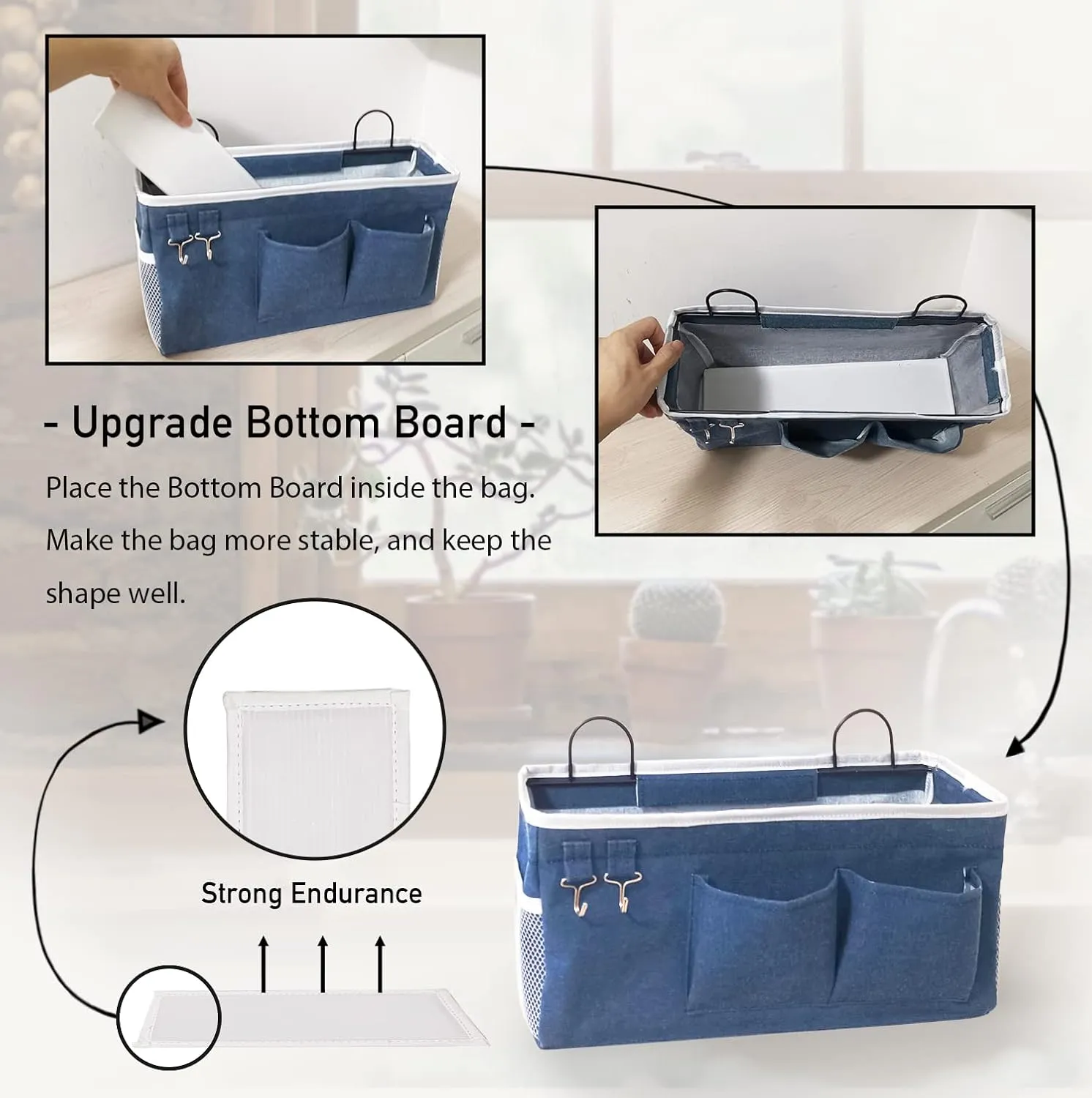 3pcs Large Wall Hanging Organizer Bag, Linen Fabric Door Hanging Storage Baskets with Pockets, Waterproof Bin for Kitchen, Bedroom, Office, RV Camper (Blue)