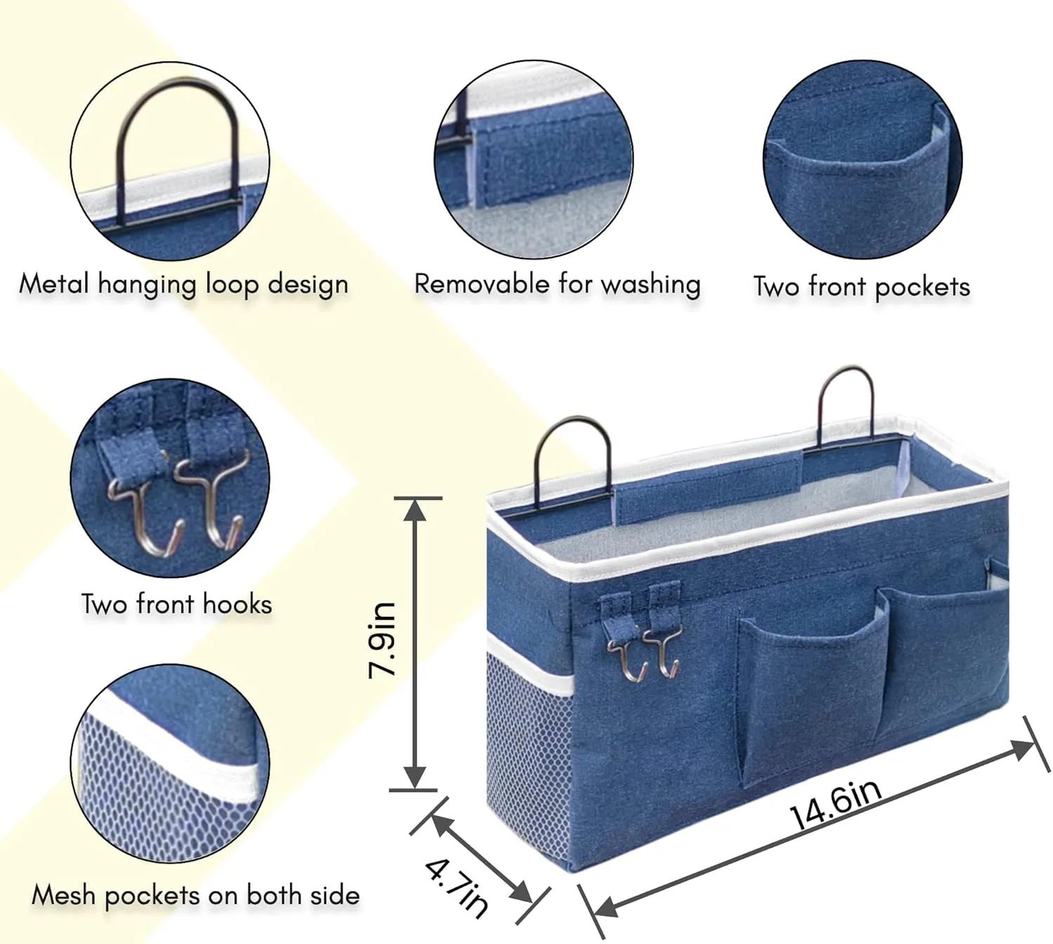 3pcs Large Wall Hanging Organizer Bag, Linen Fabric Door Hanging Storage Baskets with Pockets, Waterproof Bin for Kitchen, Bedroom, Office, RV Camper (Blue)