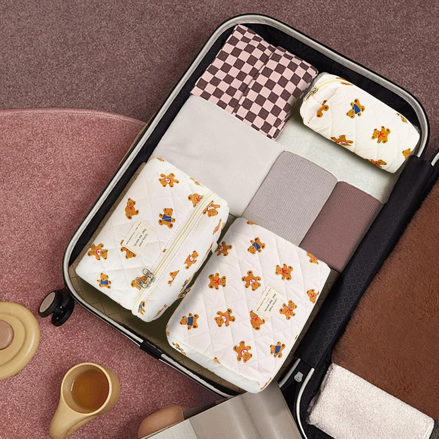3Pcs Makeup Bag Cotton Quilted Travel Cosmetic Bag Cute Floral Makeup Pouch Large Toiletry Bag for Women Girls