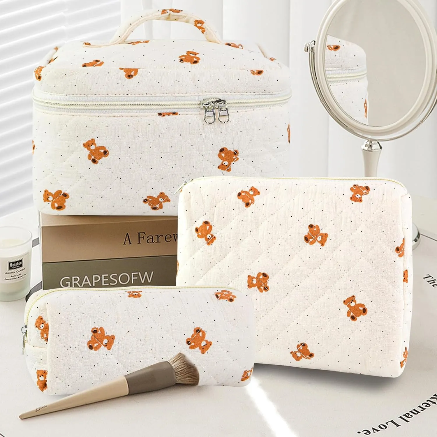 3PCS Makeup Bag Set, Quilted Cosmetic Bag, Large Travel Aesthetic Make up Bag, Cute Coquette Toiletry Bag for Women Girls