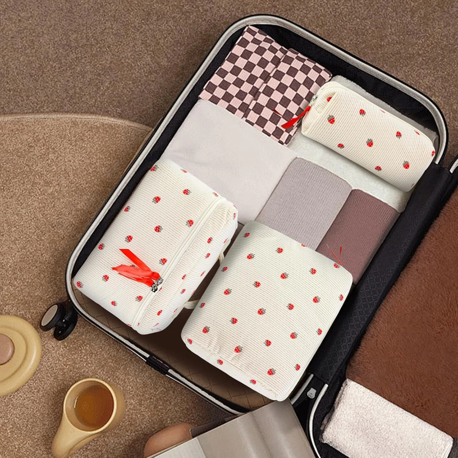 3PCS Makeup Bag Set, Quilted Cosmetic Bag, Large Travel Aesthetic Make up Bag, Cute Coquette Toiletry Bag for Women Girls