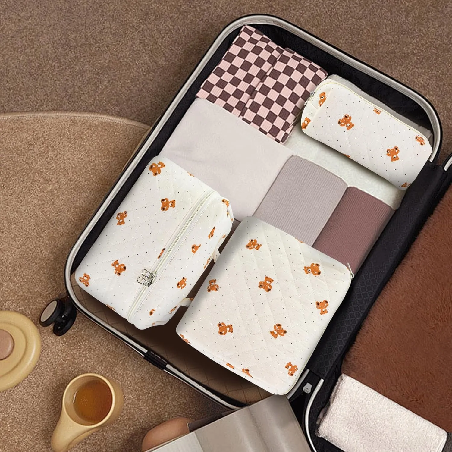 3PCS Makeup Bag Set, Quilted Cosmetic Bag, Large Travel Aesthetic Make up Bag, Cute Coquette Toiletry Bag for Women Girls