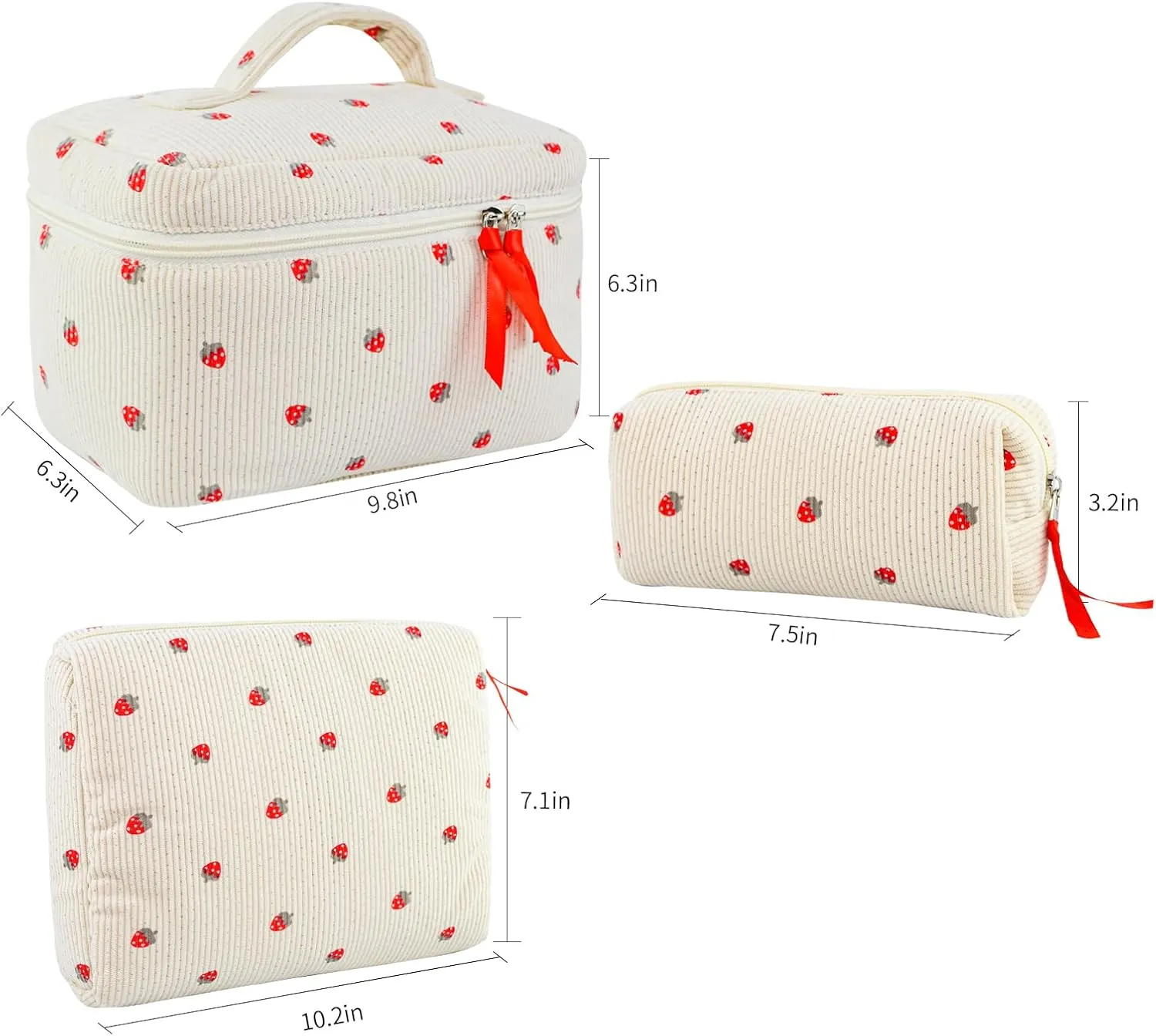 3PCS Makeup Bag Set, Quilted Cosmetic Bag, Large Travel Aesthetic Make up Bag, Cute Coquette Toiletry Bag for Women Girls