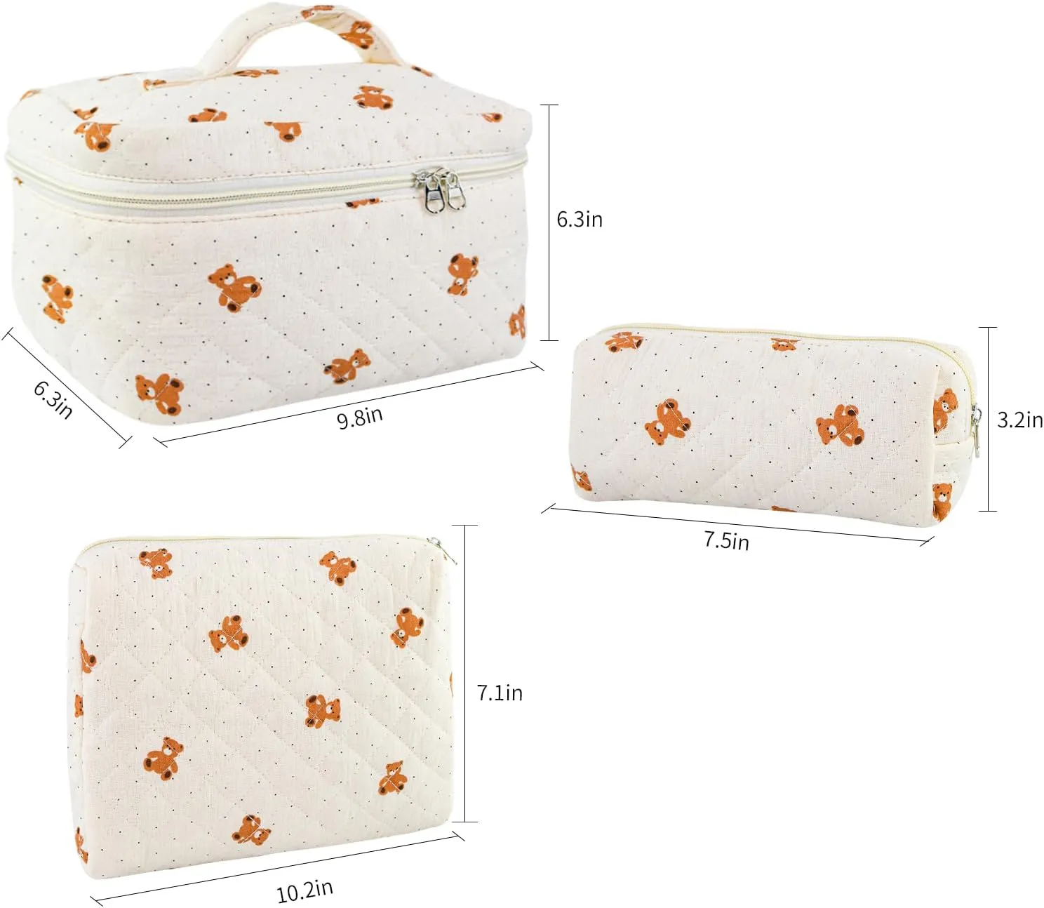3PCS Makeup Bag Set, Quilted Cosmetic Bag, Large Travel Aesthetic Make up Bag, Cute Coquette Toiletry Bag for Women Girls