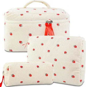 3PCS Makeup Bag Set, Quilted Cosmetic Bag, Large Travel Aesthetic Make up Bag, Cute Coquette Toiletry Bag for Women Girls