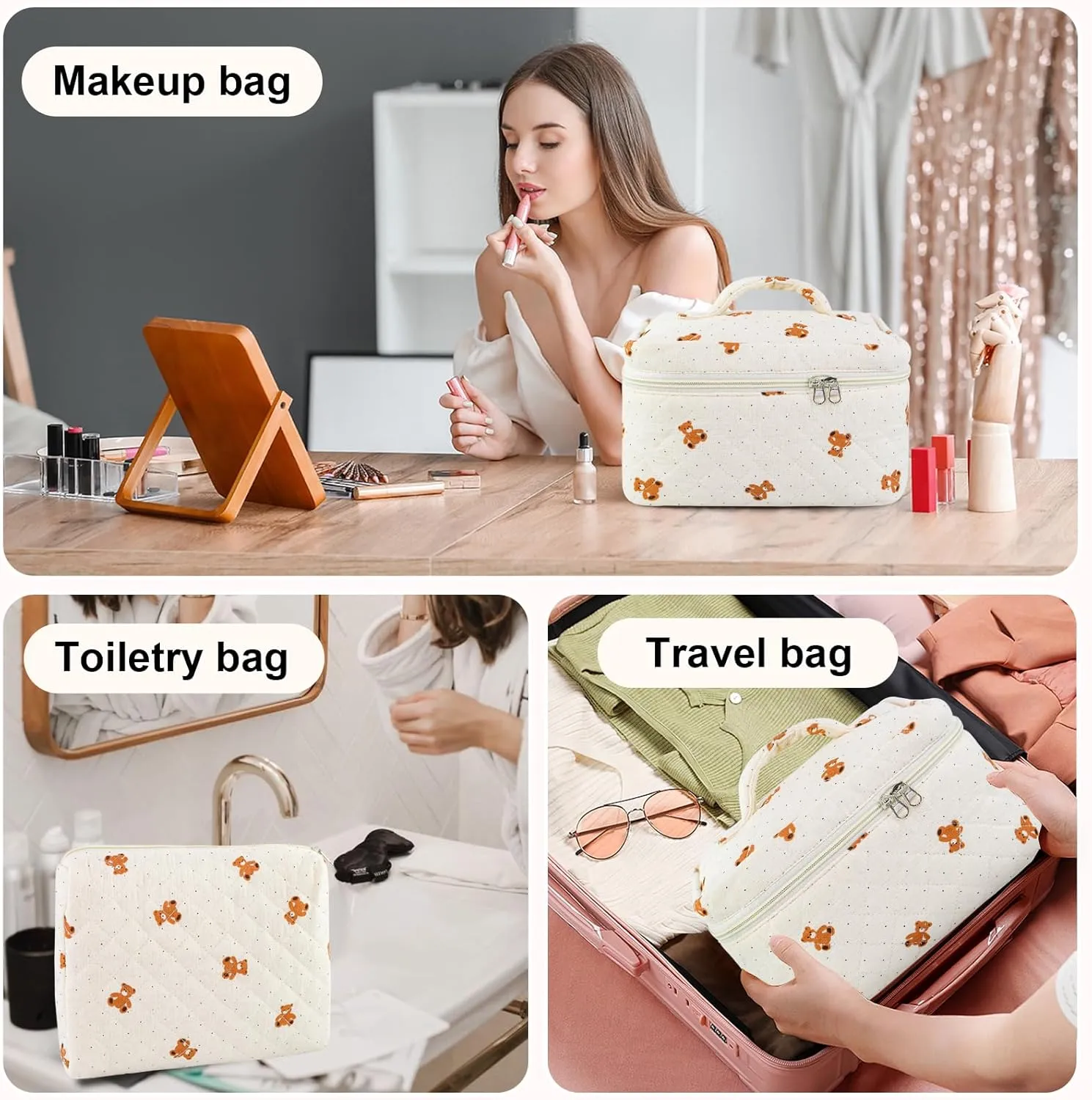 3PCS Makeup Bag Set, Quilted Cosmetic Bag, Large Travel Aesthetic Make up Bag, Cute Coquette Toiletry Bag for Women Girls