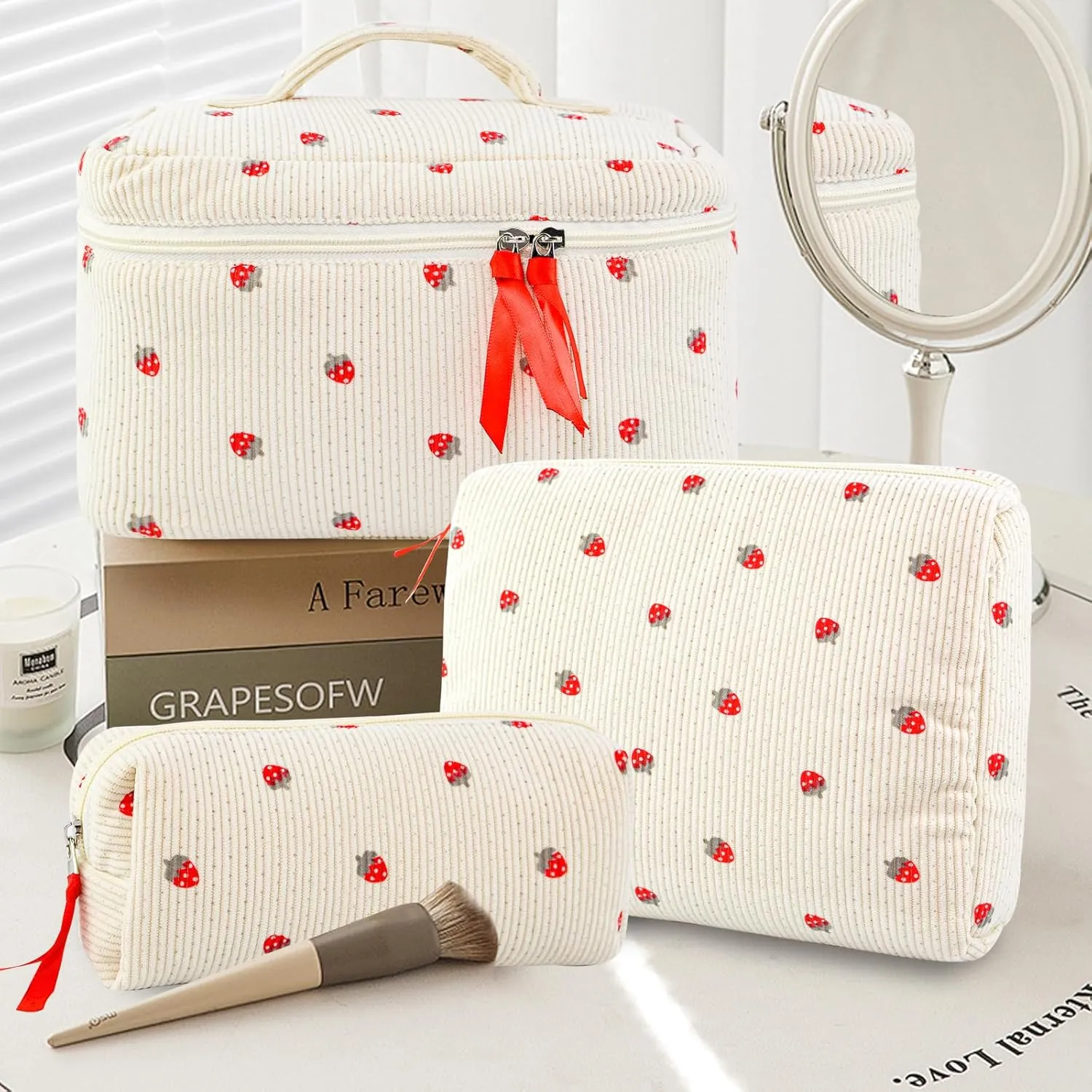 3PCS Makeup Bag Set, Quilted Cosmetic Bag, Large Travel Aesthetic Make up Bag, Cute Coquette Toiletry Bag for Women Girls