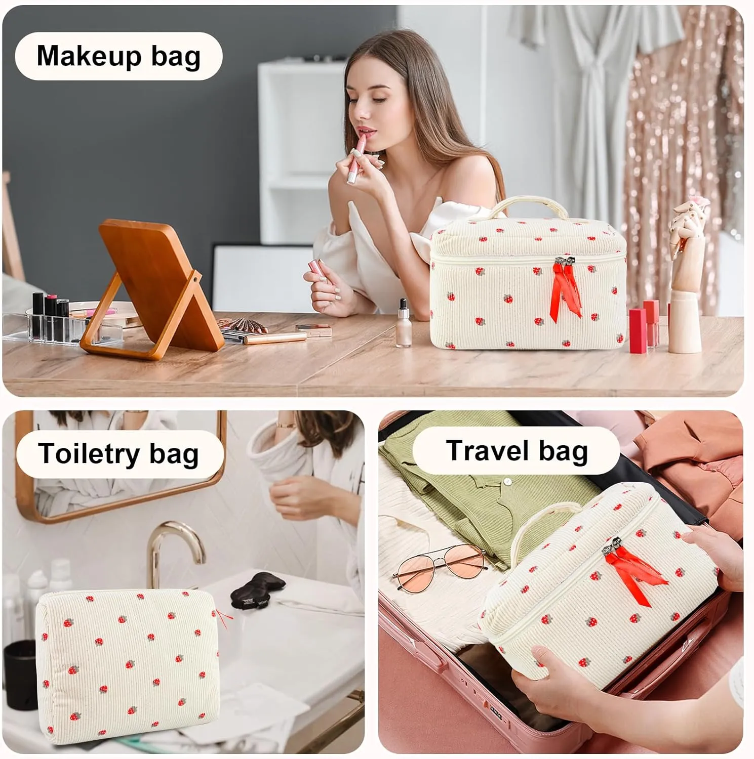 3PCS Makeup Bag Set, Quilted Cosmetic Bag, Large Travel Aesthetic Make up Bag, Cute Coquette Toiletry Bag for Women Girls