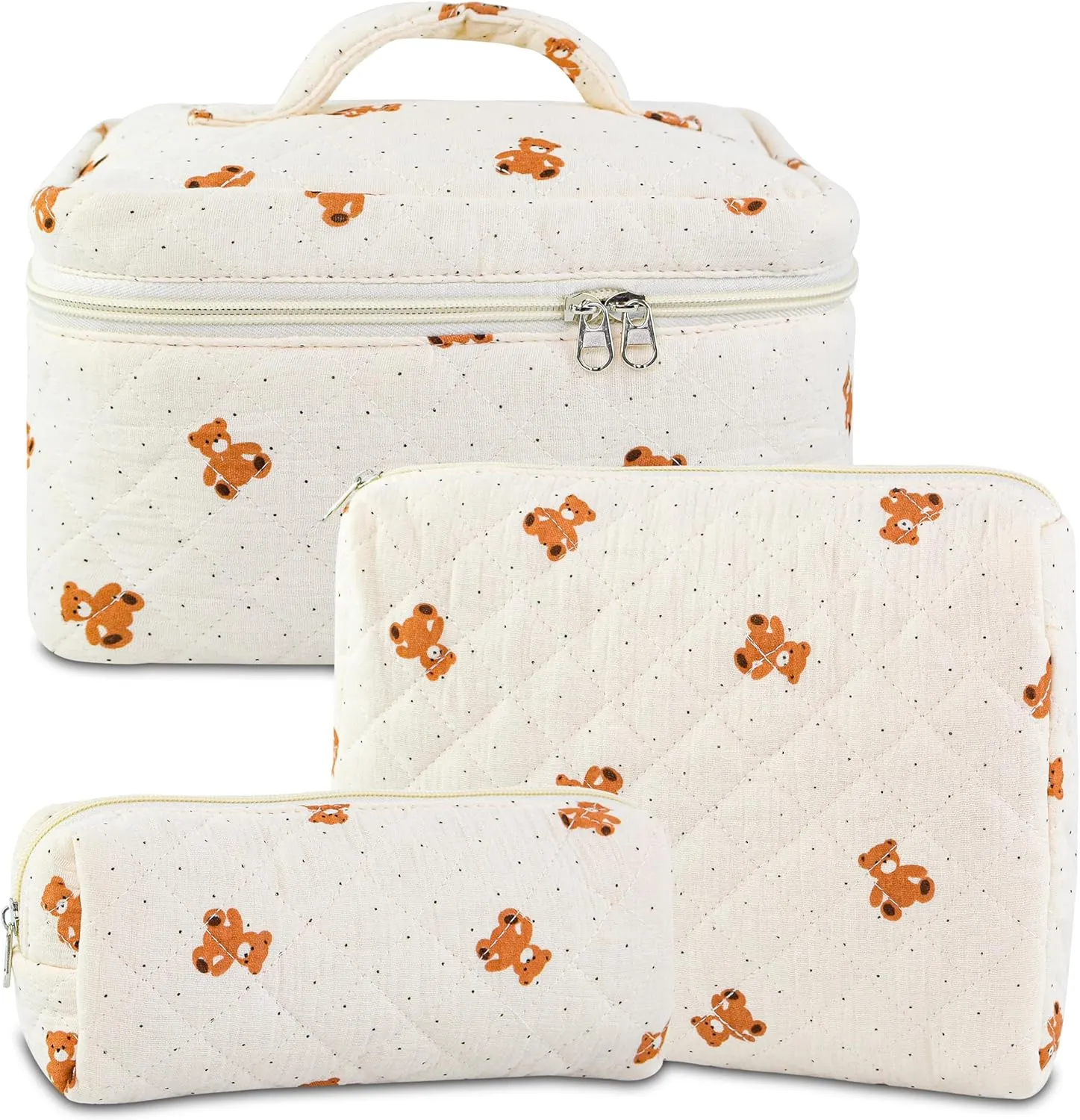 3PCS Makeup Bag Set, Quilted Cosmetic Bag, Large Travel Aesthetic Make up Bag, Cute Coquette Toiletry Bag for Women Girls